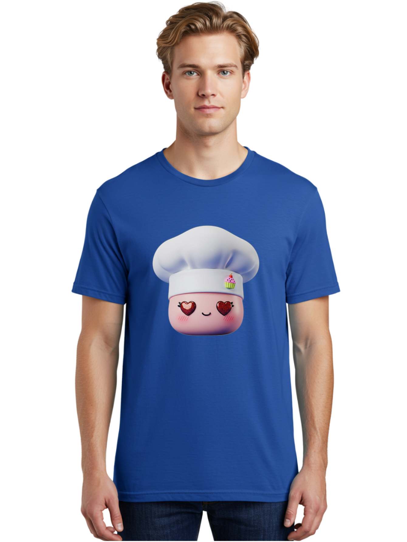 Cupcake-Chef Men'S Graphic Tee, 100% Cotton, Comfortable Casual Summer Wear, Machine Washable, Cartoon Chef, Baker Character, Sweet Treats, Heart-Shaped Eyes, Dessert Design, Baking Love, Pastry Chef Hat, Cute Pastel Colors, Whimsical Bakery Bac956