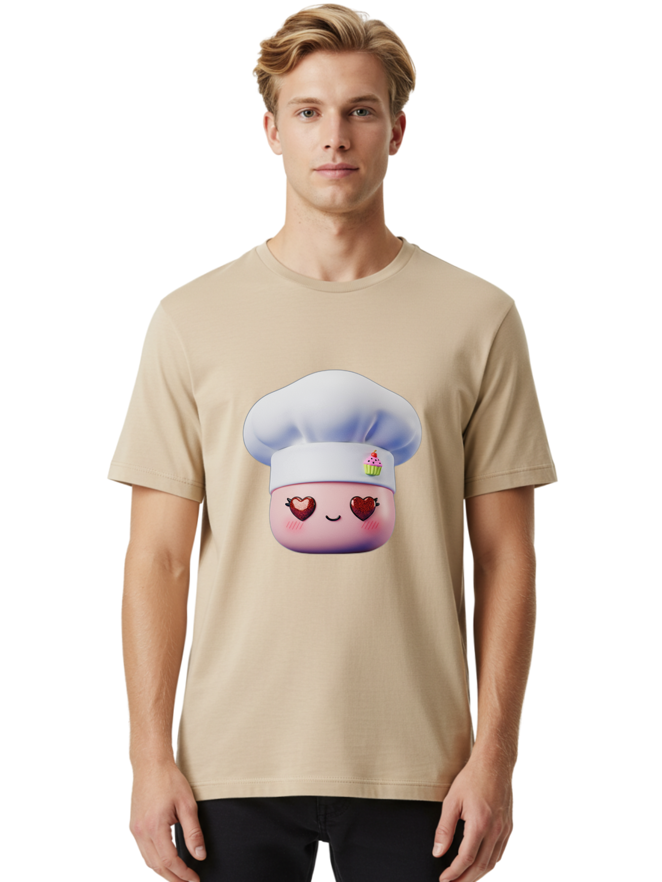 Cupcake-Chef Men'S Graphic Tee, 100% Cotton, Comfortable Casual Summer Wear, Machine Washable, Cartoon Chef, Baker Character, Sweet Treats, Heart-Shaped Eyes, Dessert Design, Baking Love, Pastry Chef Hat, Cute Pastel Colors, Whimsical Bakery Bac956