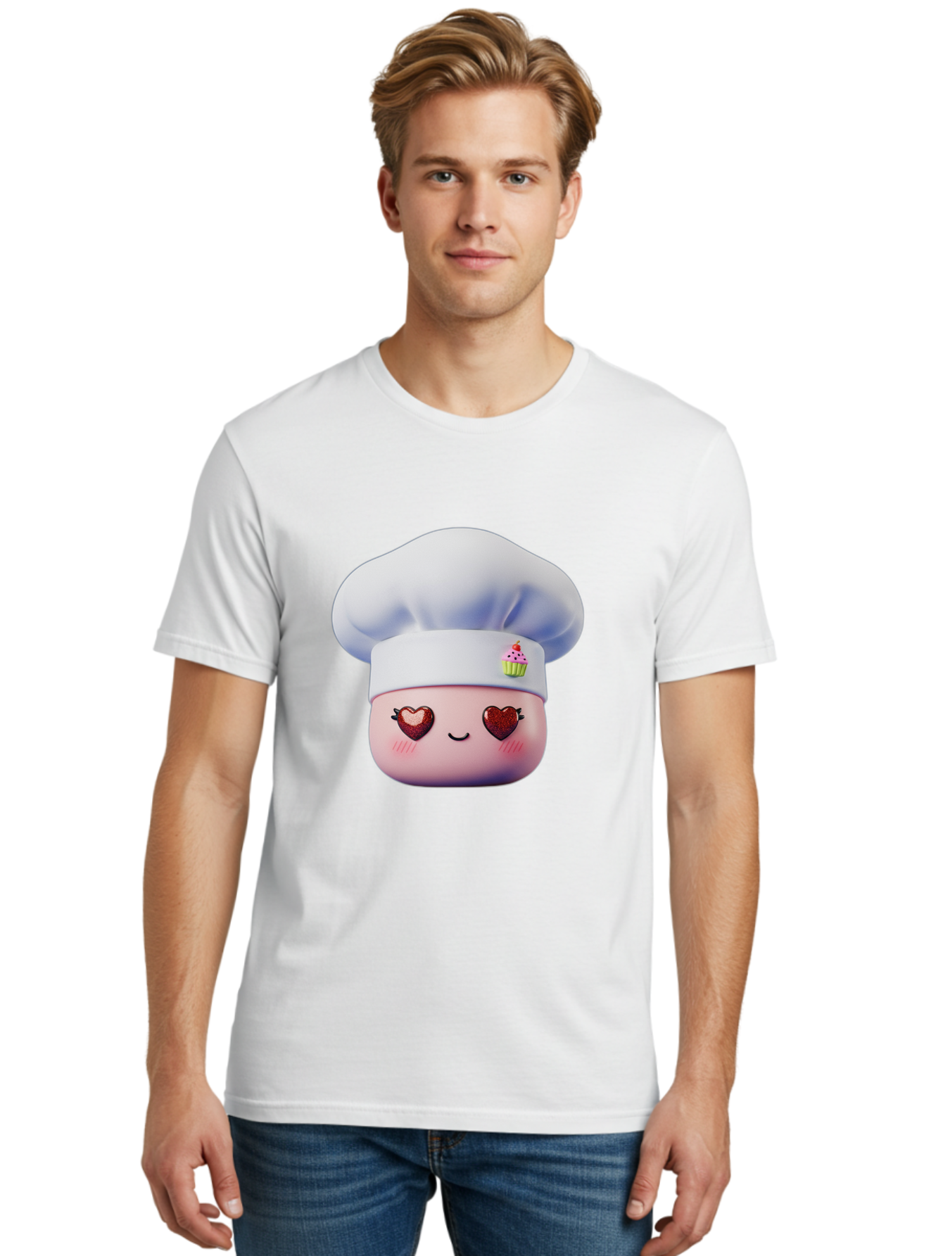 Cupcake-Chef Men'S Graphic Tee, 100% Cotton, Comfortable Casual Summer Wear, Machine Washable, Cartoon Chef, Baker Character, Sweet Treats, Heart-Shaped Eyes, Dessert Design, Baking Love, Pastry Chef Hat, Cute Pastel Colors, Whimsical Bakery Bac956
