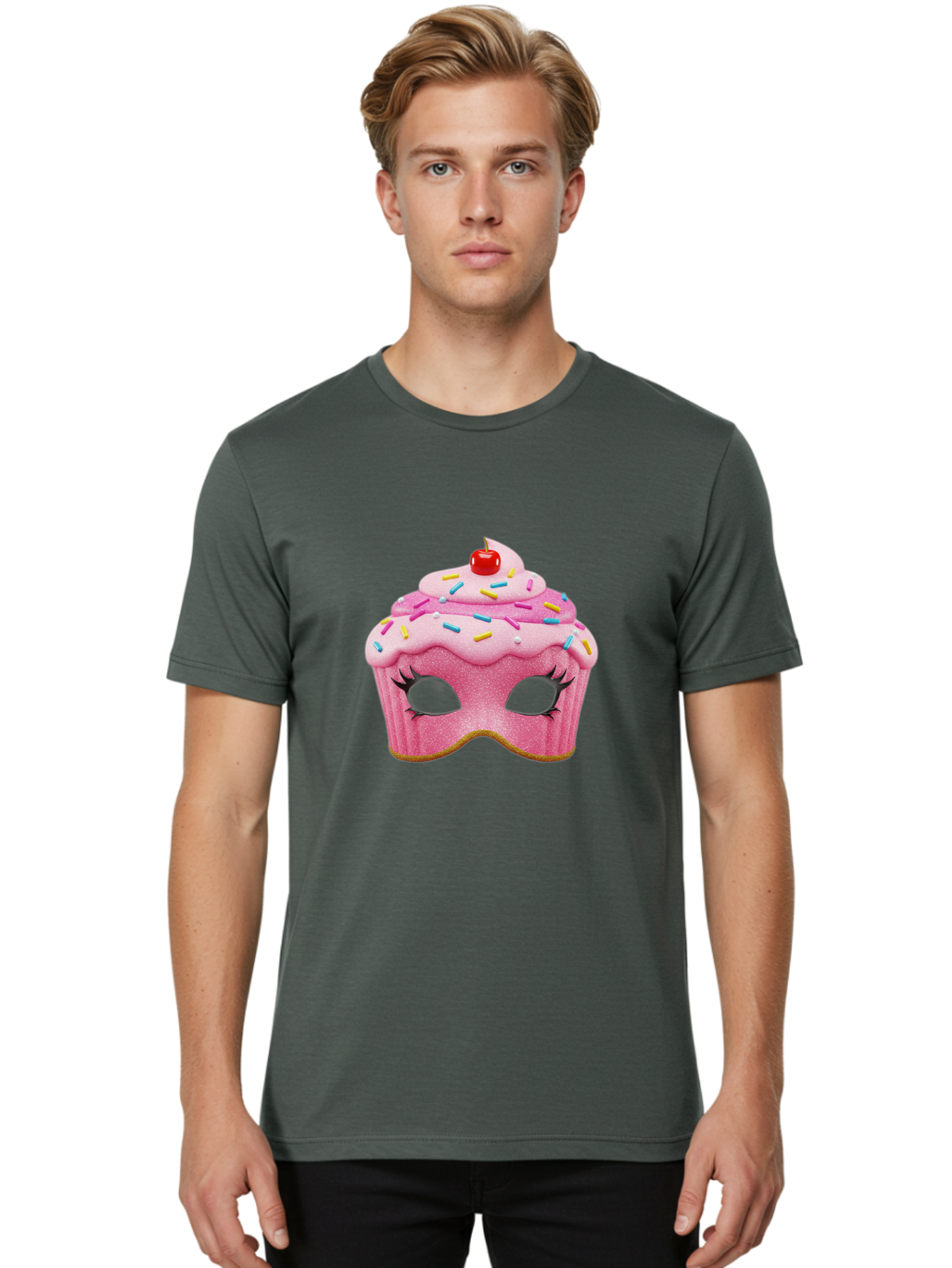 Cupcake-Mask Men'S Graphic Tee, 100% Cotton, Comfortable Casual Summer Wear, Machine Washable, Pink Cupcake Mask, Decorative Mask, Frosting And Sprinkles, Eye Holes, Mascara Lashes, Cherry On Top, Sweet Treats, Party Accessories, Costume Masks Bac957