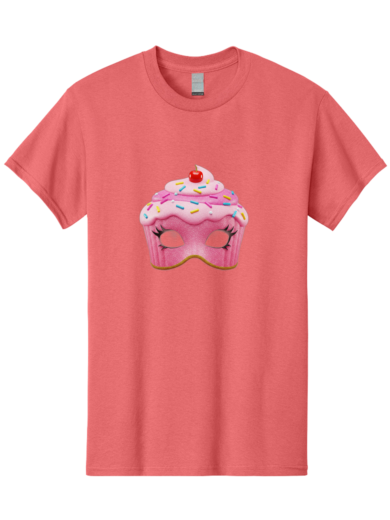 Cupcake-Mask Men'S Graphic Tee, 100% Cotton, Comfortable Casual Summer Wear, Machine Washable, Pink Cupcake Mask, Decorative Mask, Frosting And Sprinkles, Eye Holes, Mascara Lashes, Cherry On Top, Sweet Treats, Party Accessories, Costume Masks Bac957