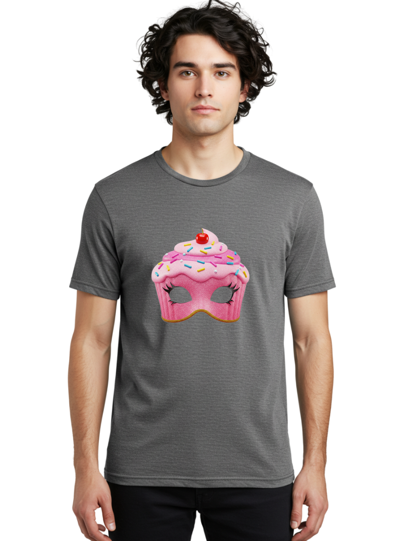 Cupcake-Mask Men'S Graphic Tee, 100% Cotton, Comfortable Casual Summer Wear, Machine Washable, Pink Cupcake Mask, Decorative Mask, Frosting And Sprinkles, Eye Holes, Mascara Lashes, Cherry On Top, Sweet Treats, Party Accessories, Costume Masks Bac957