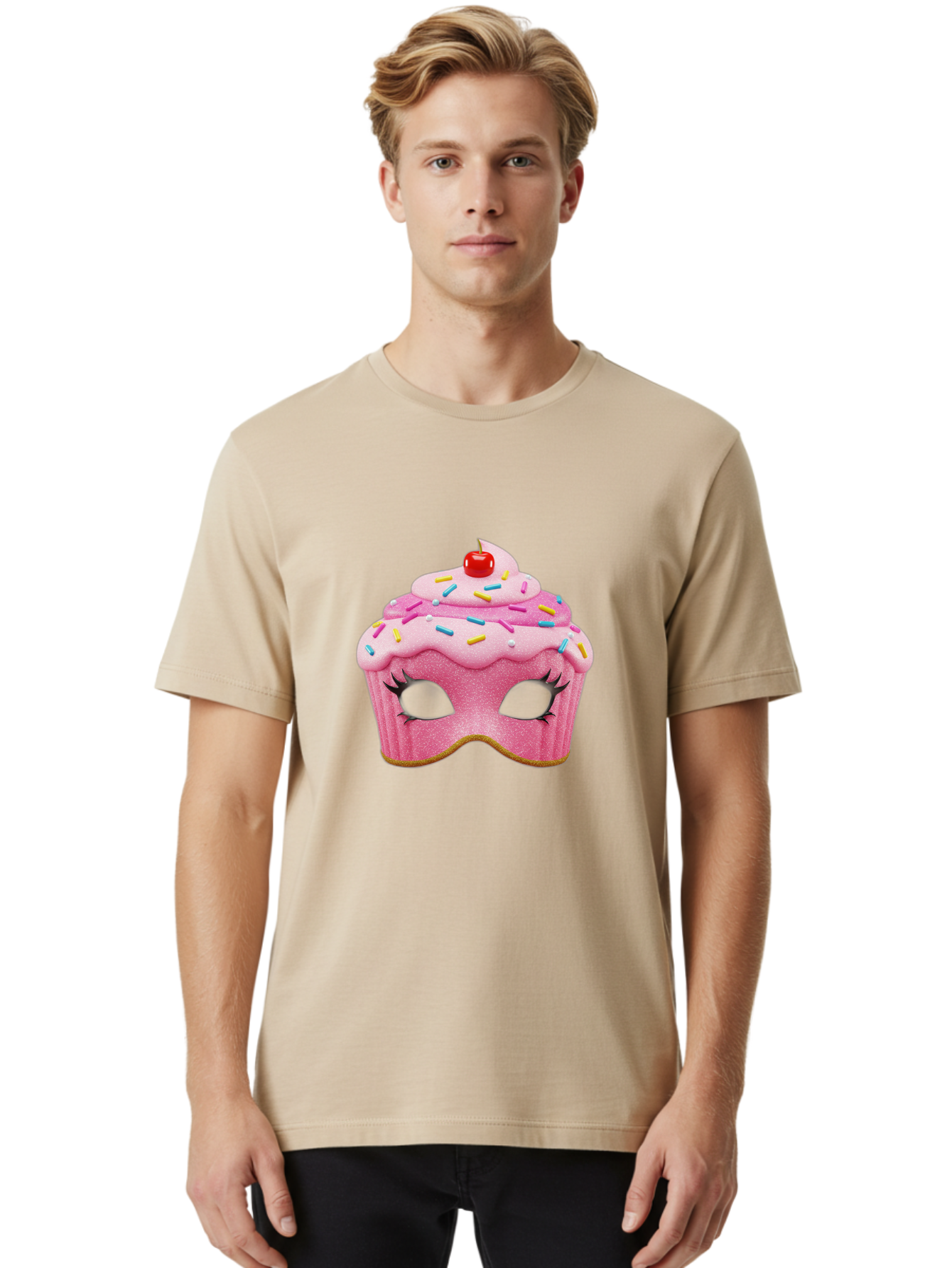 Cupcake-Mask Men'S Graphic Tee, 100% Cotton, Comfortable Casual Summer Wear, Machine Washable, Pink Cupcake Mask, Decorative Mask, Frosting And Sprinkles, Eye Holes, Mascara Lashes, Cherry On Top, Sweet Treats, Party Accessories, Costume Masks Bac957