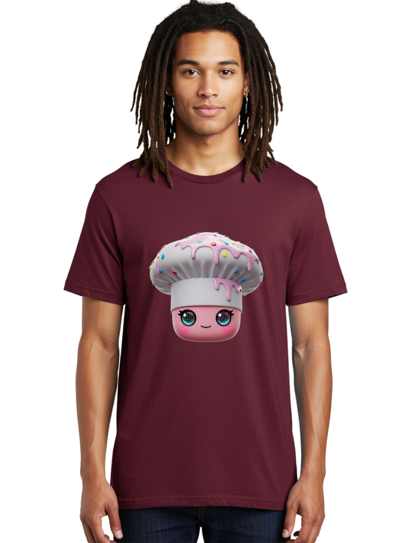 Cupcake Men'S Graphic Tee, 100% Cotton, Comfortable Casual Summer Wear, Machine Washable, Cartoon Cupcake, Cute Face, Sparkly Eyes, Pastel Colors, Sweet Treat, Dessert Illustration, Whimsical Design, Bakery Art, Foodie Graphics, Bac958