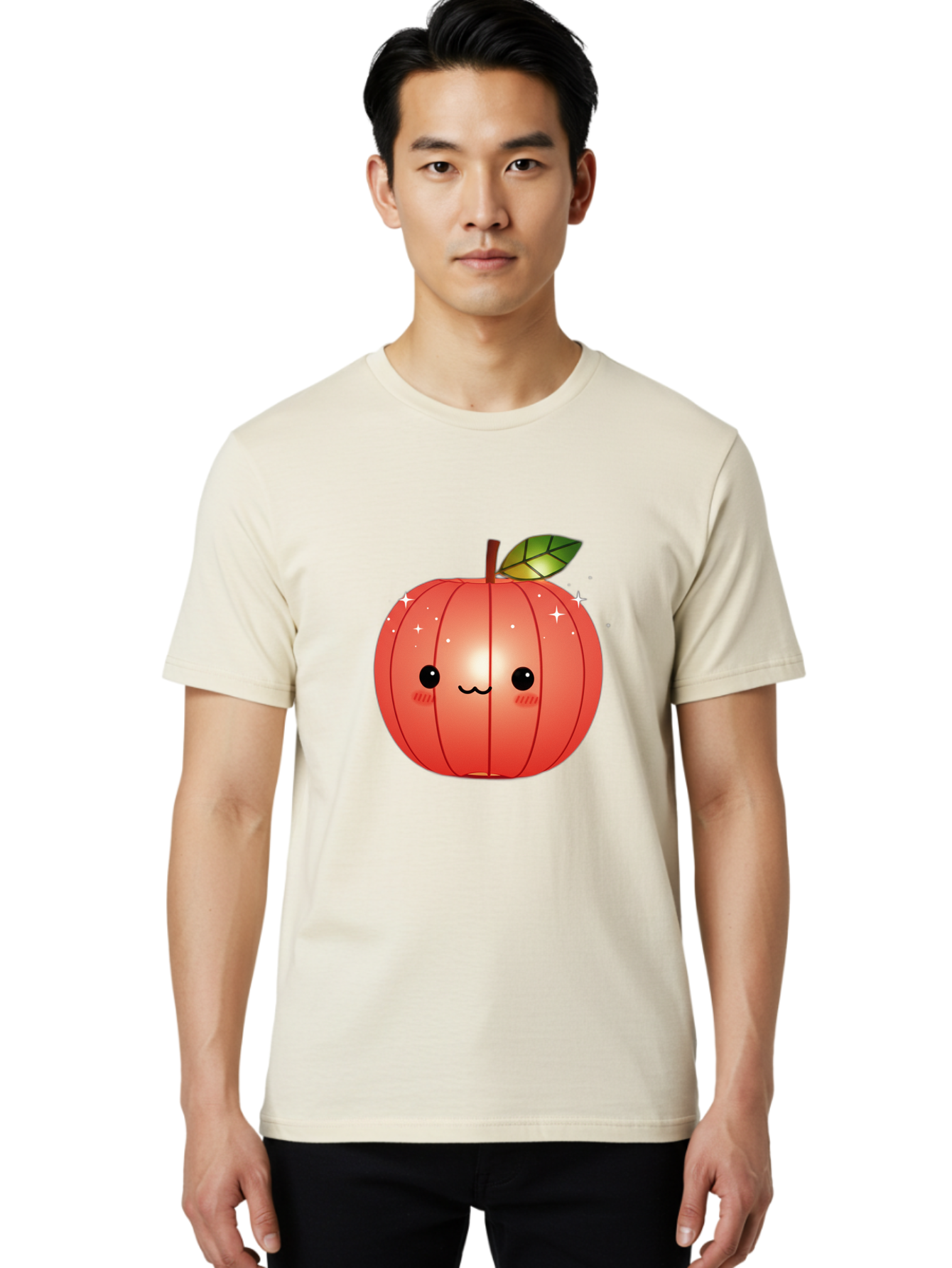 Cute-Apple Men'S Graphic Tee, 100% Cotton, Comfortable Casual Summer Wear, Machine Washable, Peach Fruit, Kawaii Character, Cartoon Style, Cute Face, Smiley Expression, Blushing Cheeks, Sparkles, Sweet Charm, Adorable Design Bac959