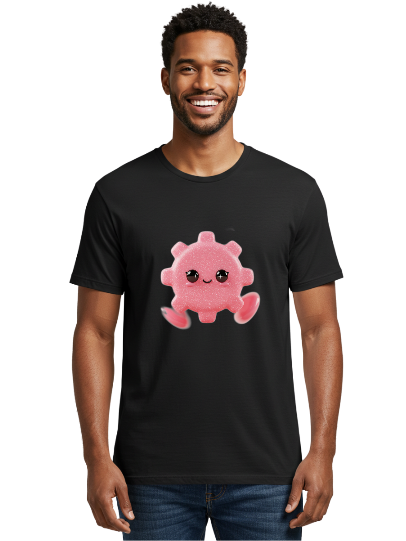 Cute-Axolotl Men'S Graphic Tee, 100% Cotton, Comfortable Casual Summer Wear, Machine Washable, Pink Axolotl, Cute Cartoon Character, Smiling Face, Sparkly Eyes, Playful Creature, Adorable Animal, Kawaii Character, Fluffy Texture, Bac960