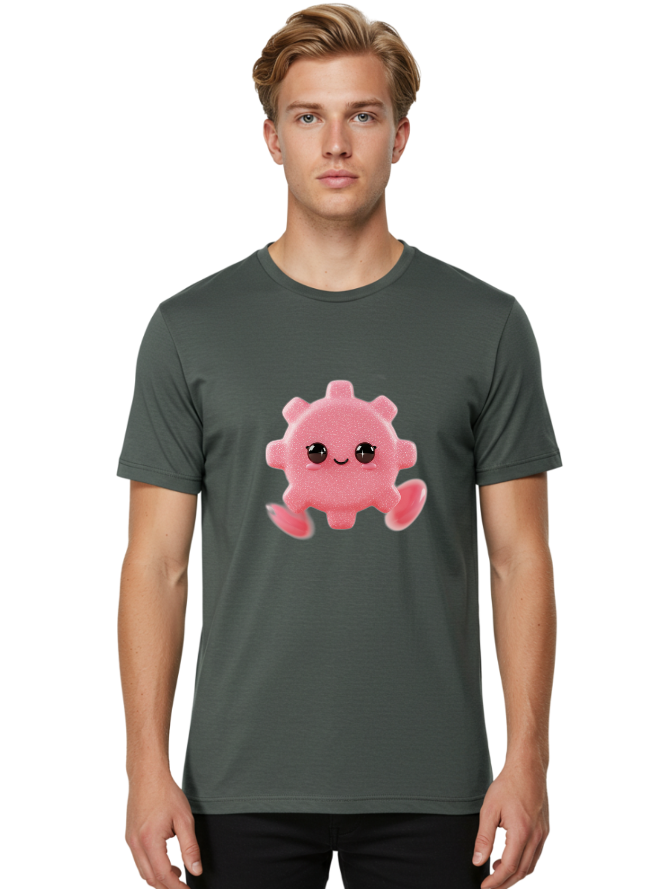 Cute-Axolotl Men'S Graphic Tee, 100% Cotton, Comfortable Casual Summer Wear, Machine Washable, Pink Axolotl, Cute Cartoon Character, Smiling Face, Sparkly Eyes, Playful Creature, Adorable Animal, Kawaii Character, Fluffy Texture, Bac960