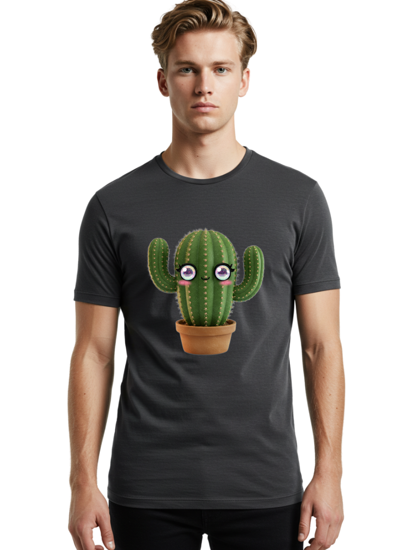 Cute-Cactus-1 Men'S Graphic Tee, 100% Cotton, Comfortable Casual Summer Wear, Machine Washable, Cartoon Cactus, Anthropomorphic Plant, Kawaii Character, Potted Cactus, Succulent Design, Funny Face, Cute Eyes, Terracotta Pot, Quirky Character, Bac961