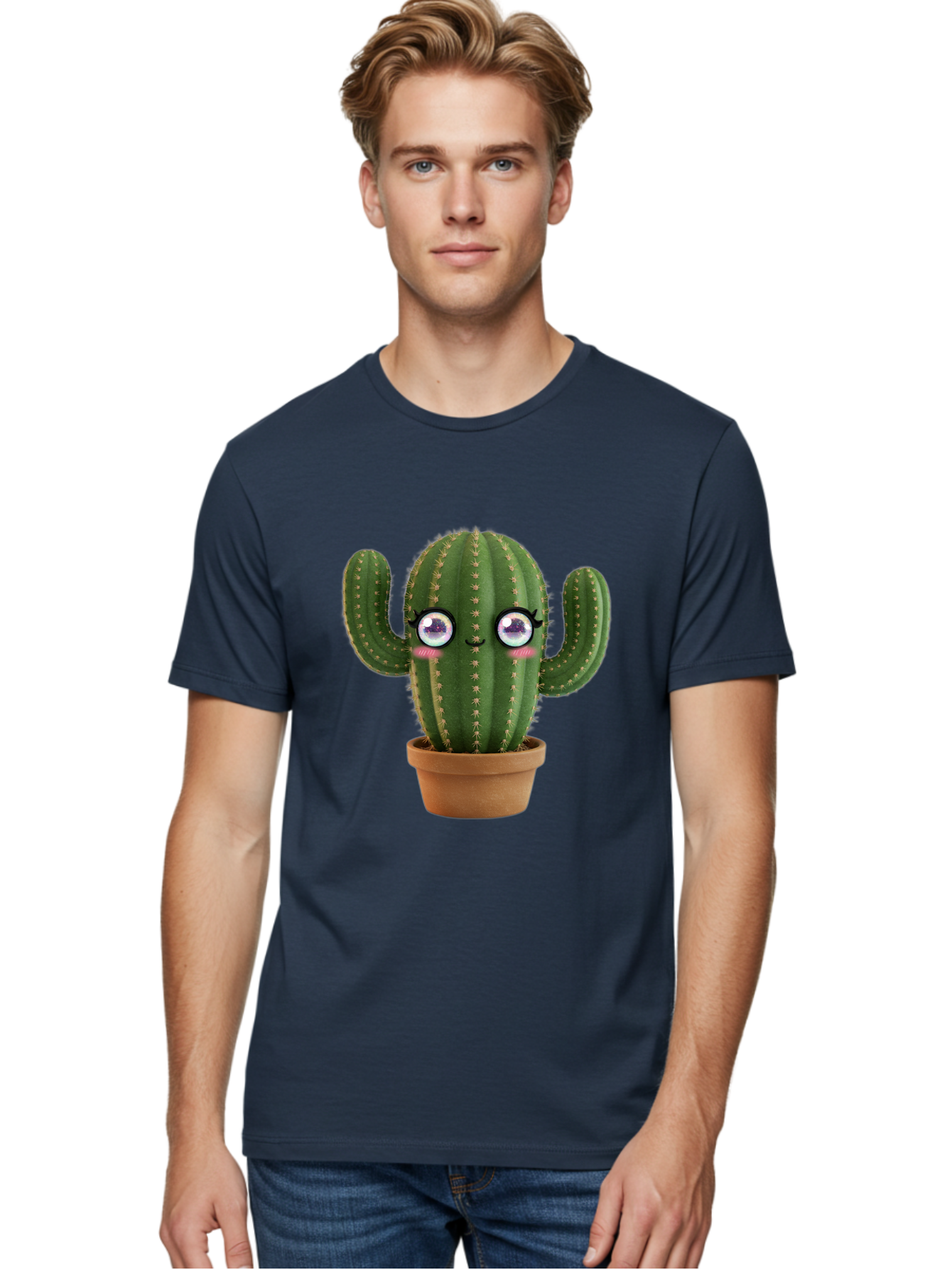 Cute-Cactus-1 Men'S Graphic Tee, 100% Cotton, Comfortable Casual Summer Wear, Machine Washable, Cartoon Cactus, Anthropomorphic Plant, Kawaii Character, Potted Cactus, Succulent Design, Funny Face, Cute Eyes, Terracotta Pot, Quirky Character, Bac961