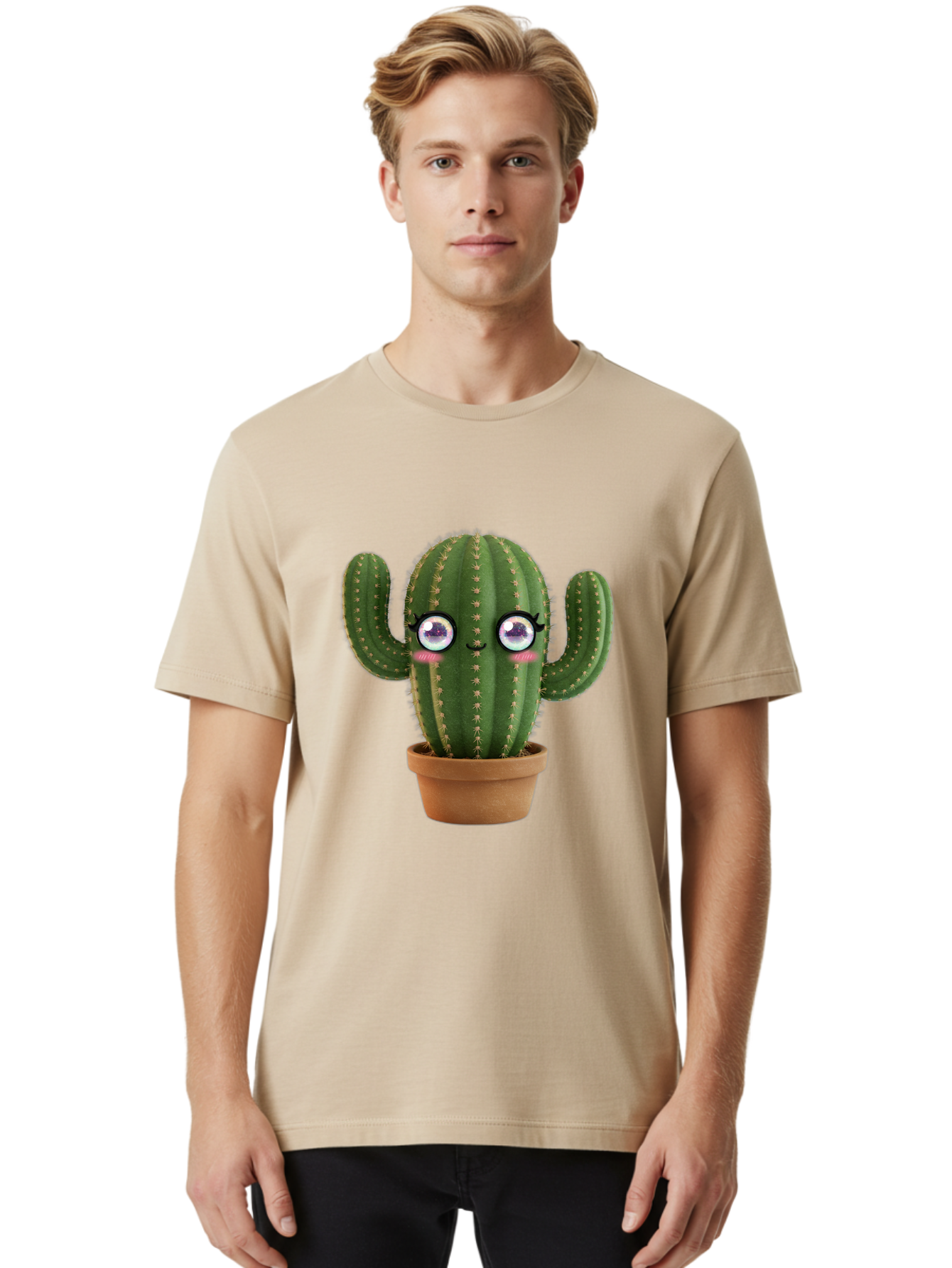 Cute-Cactus-1 Men'S Graphic Tee, 100% Cotton, Comfortable Casual Summer Wear, Machine Washable, Cartoon Cactus, Anthropomorphic Plant, Kawaii Character, Potted Cactus, Succulent Design, Funny Face, Cute Eyes, Terracotta Pot, Quirky Character, Bac961