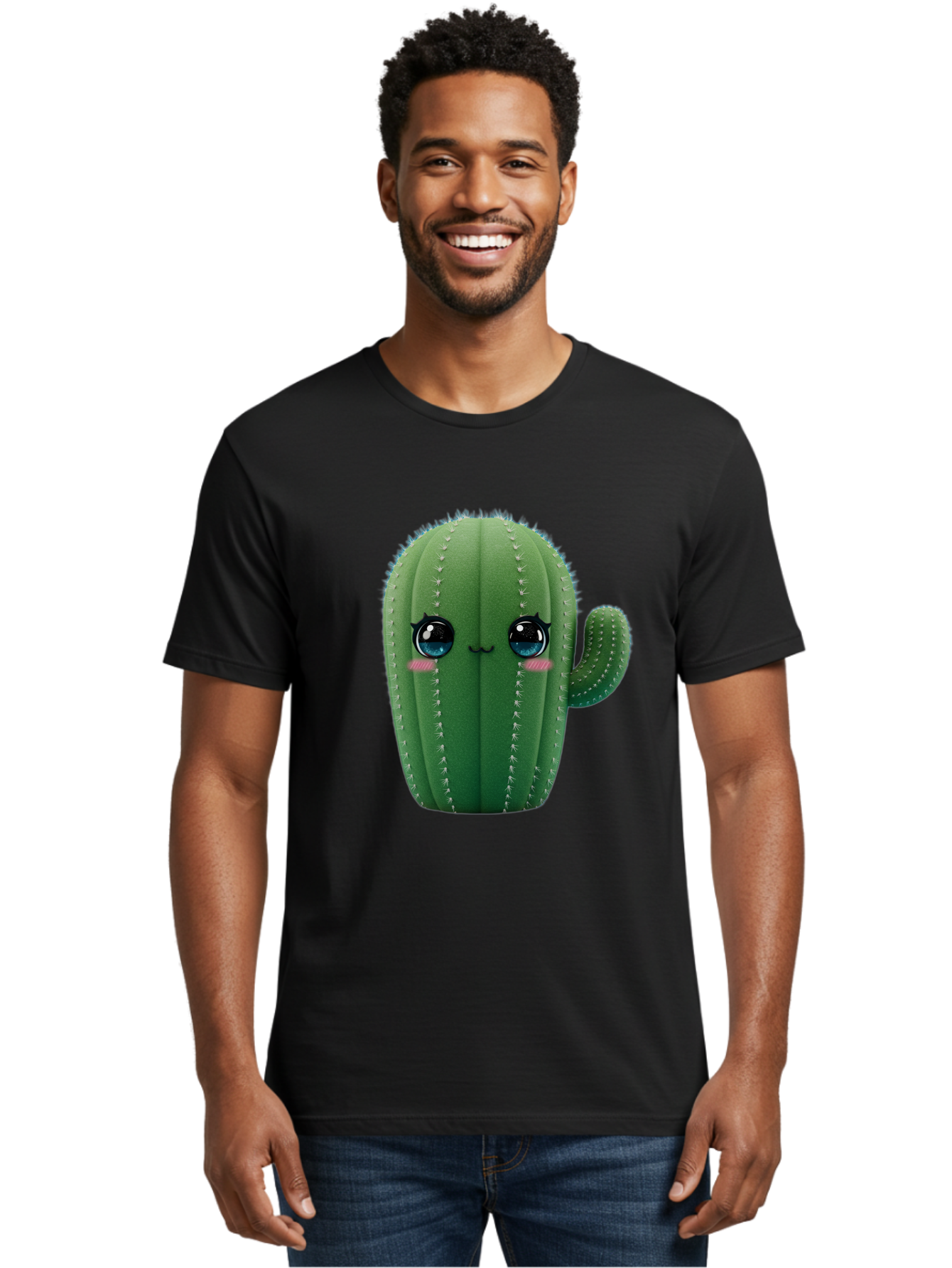 Cute-Cactus Men'S Graphic Tee, 100% Cotton, Comfortable Casual Summer Wear, Machine Washable, Cartoon Cactus, Cute Plush Toy, Adorable Desert Plant, Kawaii Character, Soft Toy, Blue Eyes, Smiling Face, Pink Cheeks Bac962