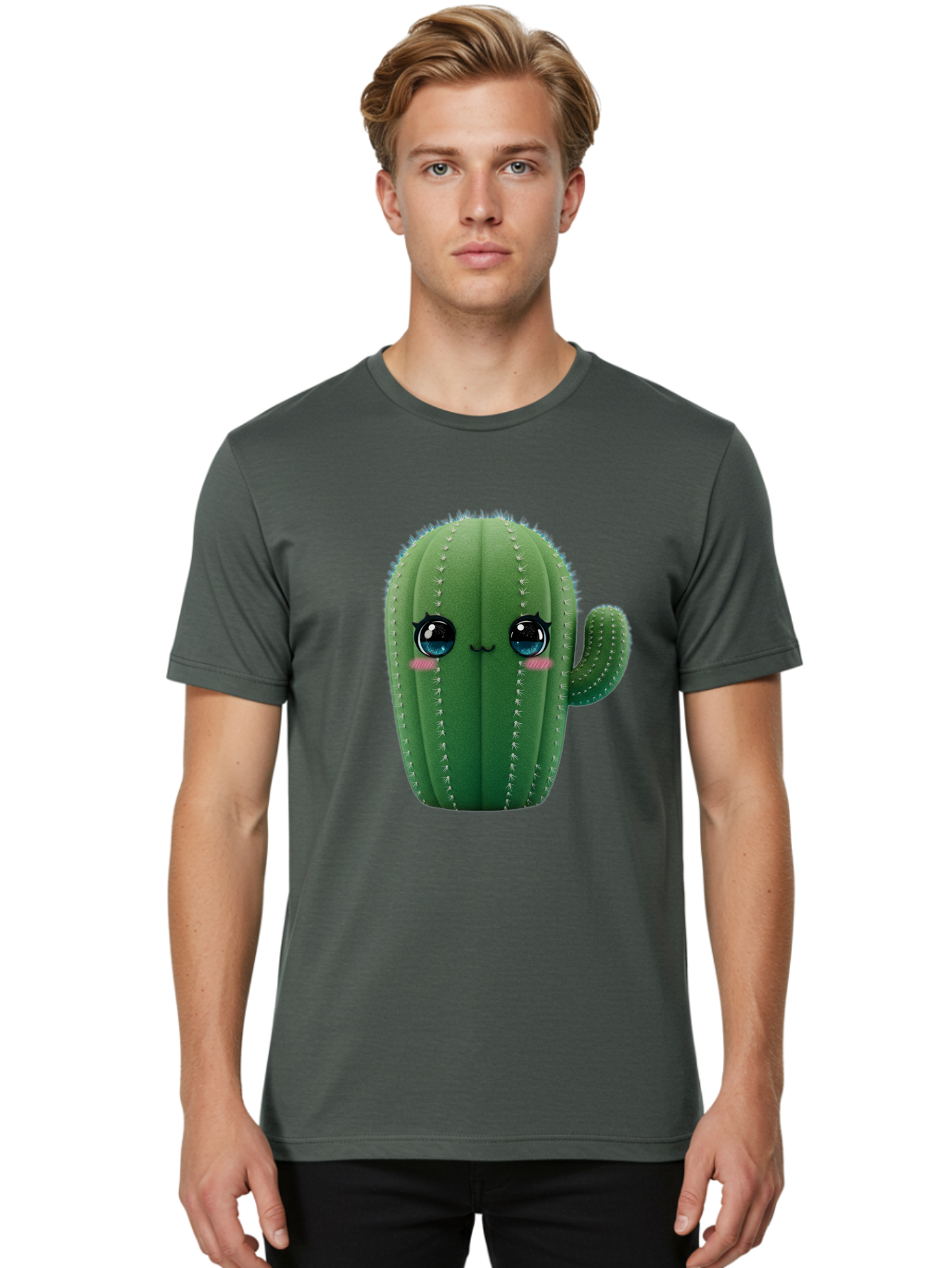 Cute-Cactus Men'S Graphic Tee, 100% Cotton, Comfortable Casual Summer Wear, Machine Washable, Cartoon Cactus, Cute Plush Toy, Adorable Desert Plant, Kawaii Character, Soft Toy, Blue Eyes, Smiling Face, Pink Cheeks Bac962