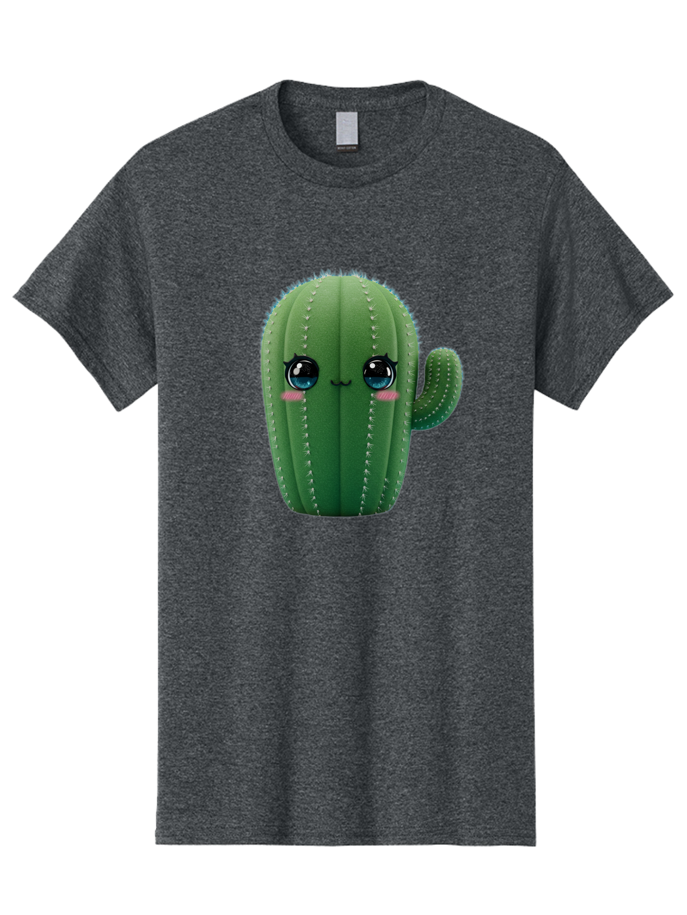 Cute-Cactus Men'S Graphic Tee, 100% Cotton, Comfortable Casual Summer Wear, Machine Washable, Cartoon Cactus, Cute Plush Toy, Adorable Desert Plant, Kawaii Character, Soft Toy, Blue Eyes, Smiling Face, Pink Cheeks Bac962