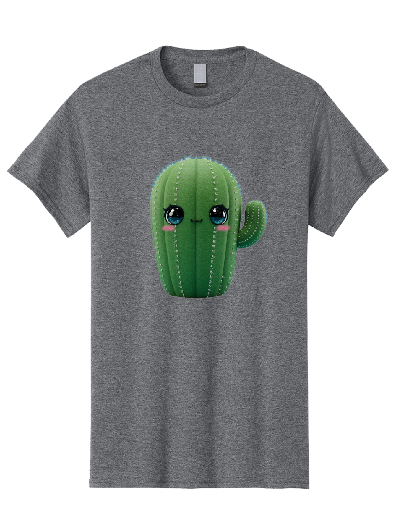 Cute-Cactus Men'S Graphic Tee, 100% Cotton, Comfortable Casual Summer Wear, Machine Washable, Cartoon Cactus, Cute Plush Toy, Adorable Desert Plant, Kawaii Character, Soft Toy, Blue Eyes, Smiling Face, Pink Cheeks Bac962