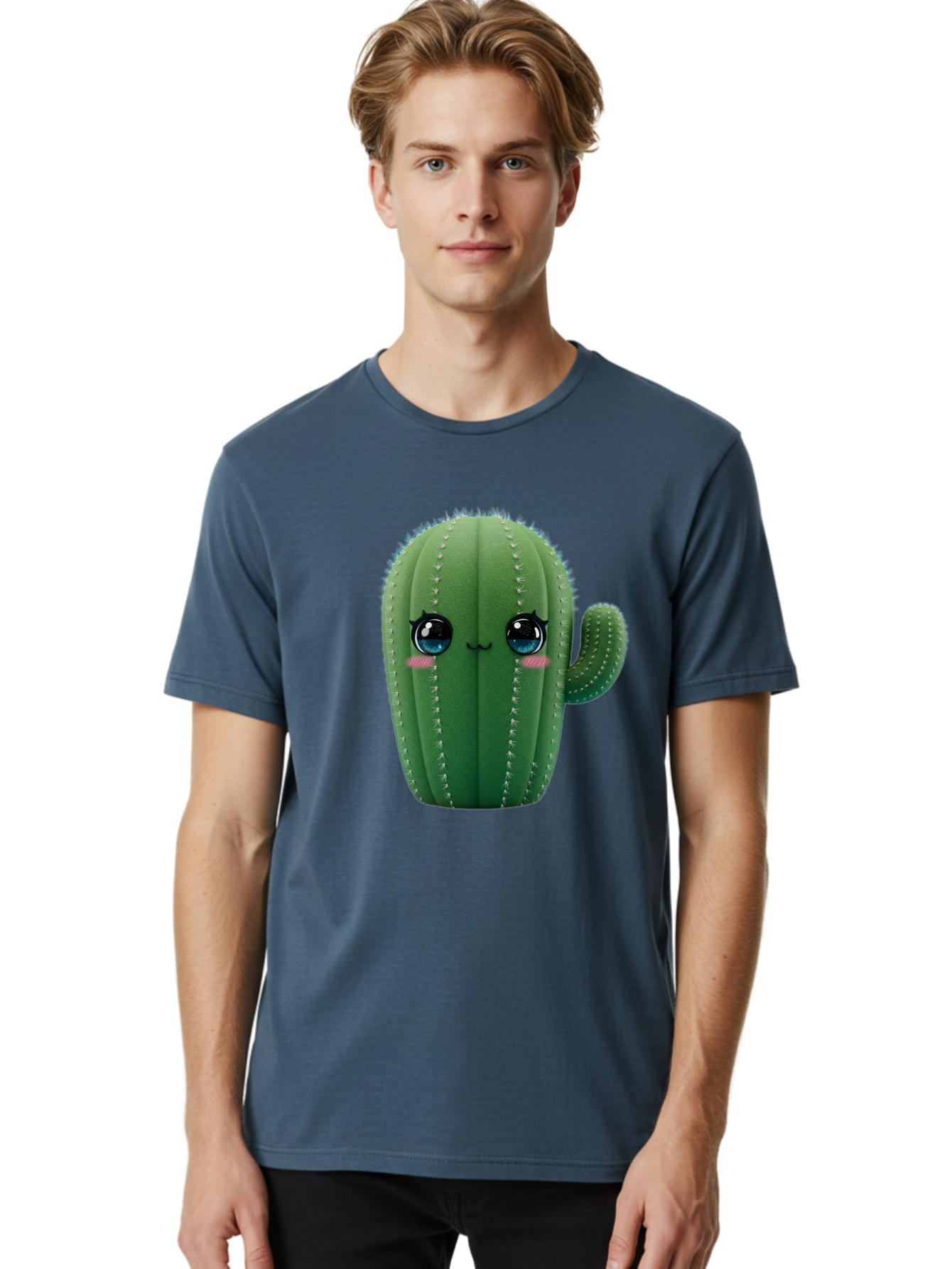 Cute-Cactus Men'S Graphic Tee, 100% Cotton, Comfortable Casual Summer Wear, Machine Washable, Cartoon Cactus, Cute Plush Toy, Adorable Desert Plant, Kawaii Character, Soft Toy, Blue Eyes, Smiling Face, Pink Cheeks Bac962