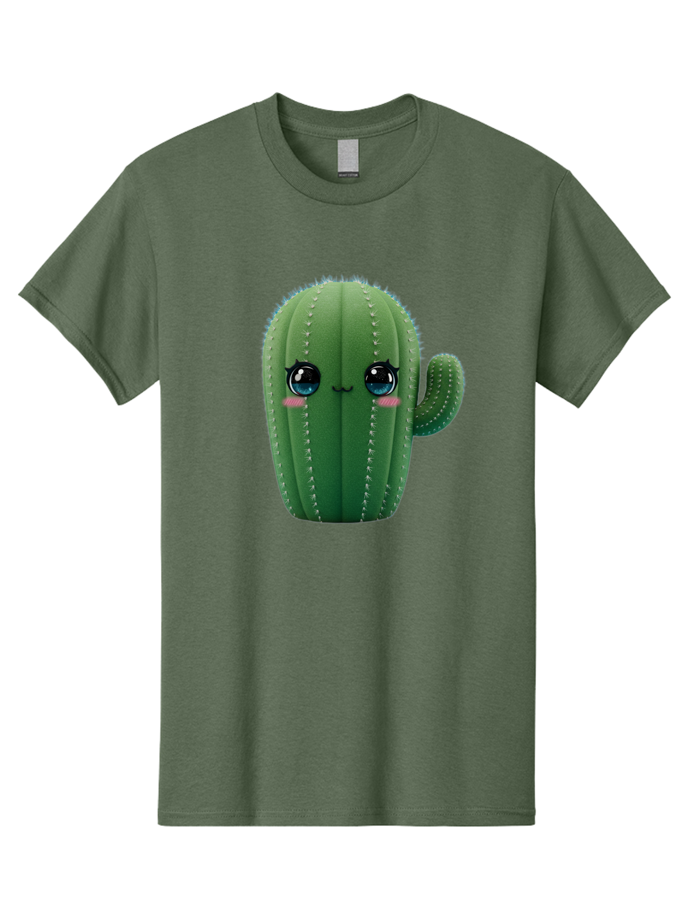 Cute-Cactus Men'S Graphic Tee, 100% Cotton, Comfortable Casual Summer Wear, Machine Washable, Cartoon Cactus, Cute Plush Toy, Adorable Desert Plant, Kawaii Character, Soft Toy, Blue Eyes, Smiling Face, Pink Cheeks Bac962