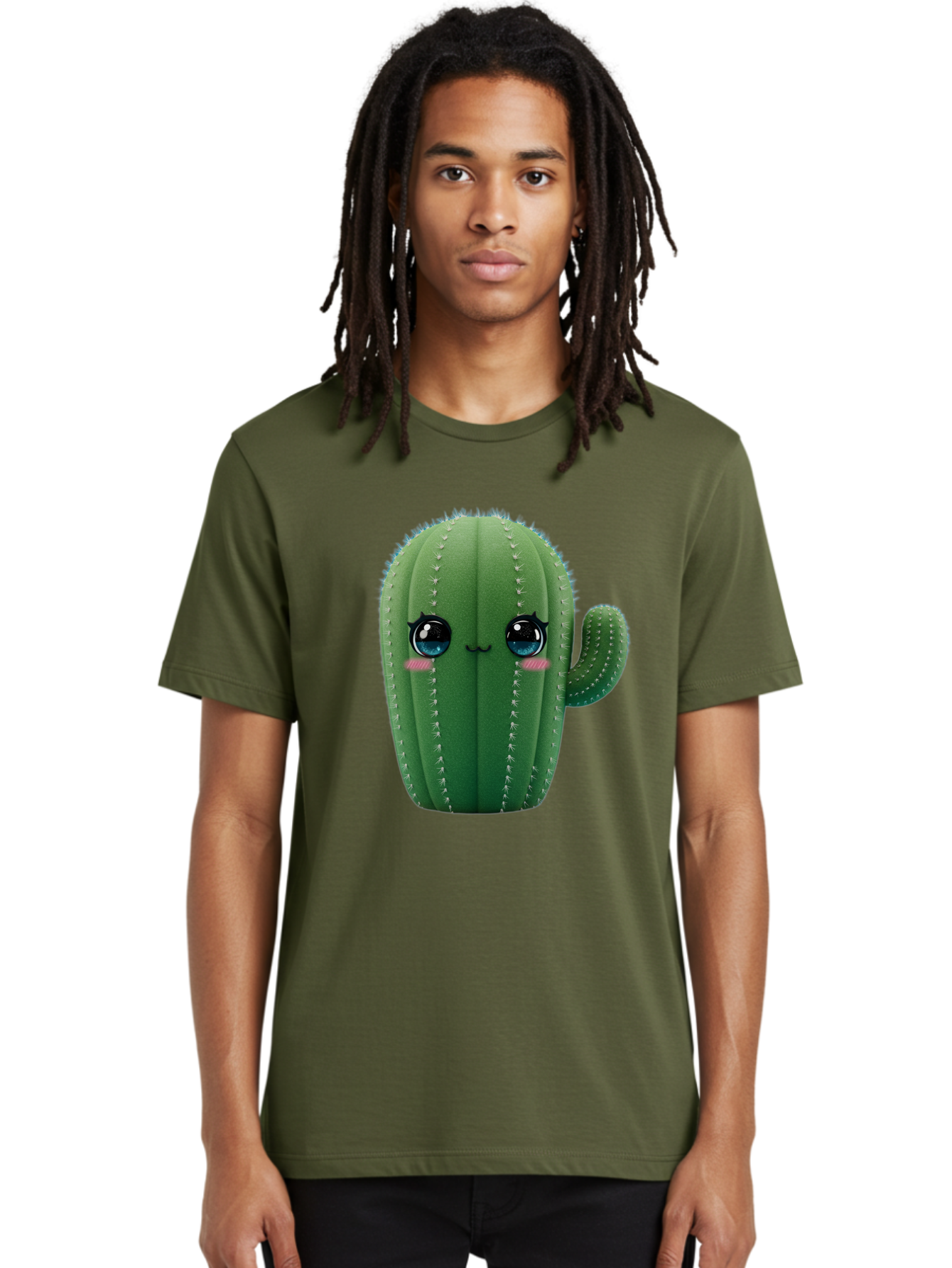 Cute-Cactus Men'S Graphic Tee, 100% Cotton, Comfortable Casual Summer Wear, Machine Washable, Cartoon Cactus, Cute Plush Toy, Adorable Desert Plant, Kawaii Character, Soft Toy, Blue Eyes, Smiling Face, Pink Cheeks Bac962