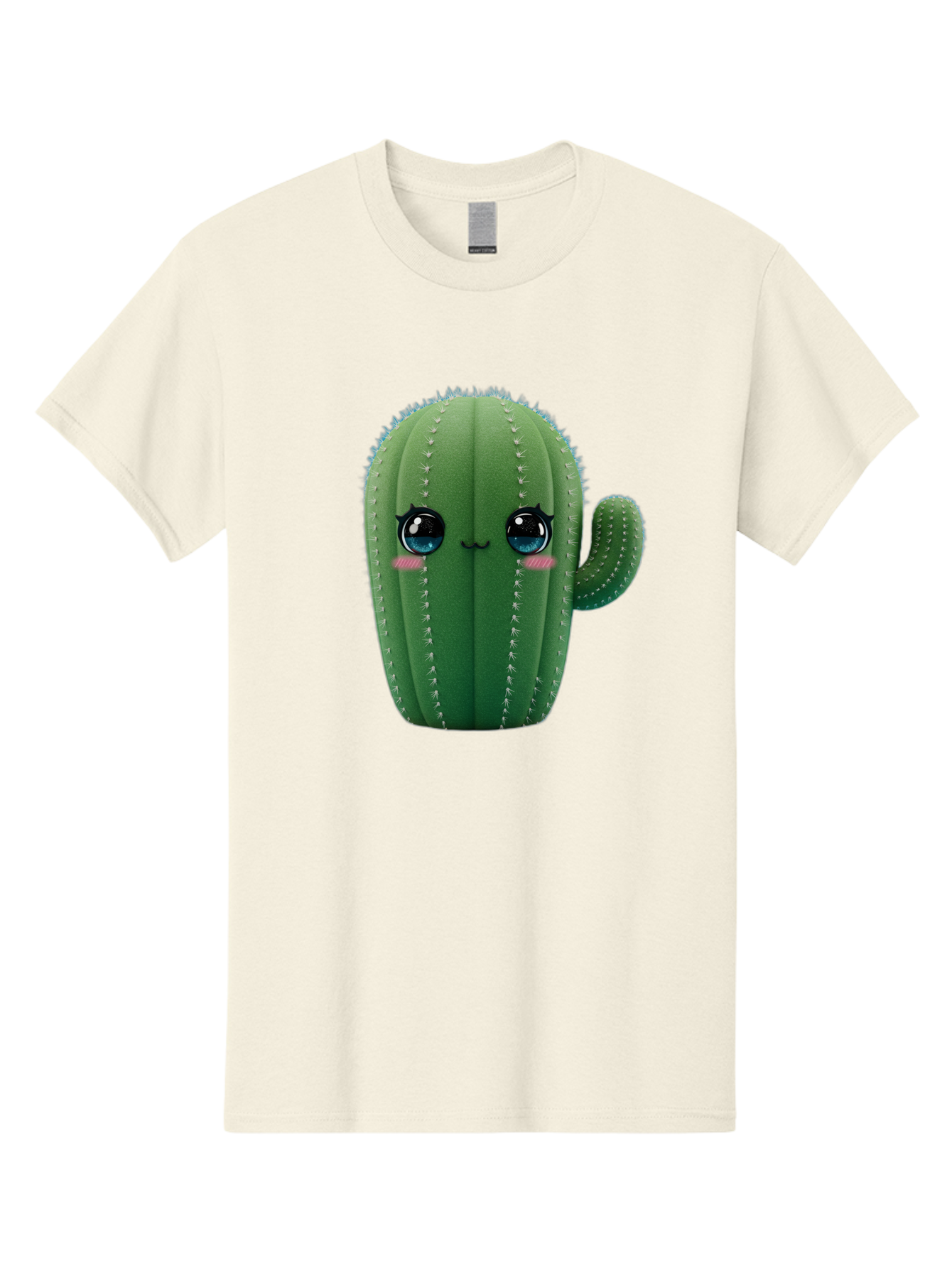 Cute-Cactus Men'S Graphic Tee, 100% Cotton, Comfortable Casual Summer Wear, Machine Washable, Cartoon Cactus, Cute Plush Toy, Adorable Desert Plant, Kawaii Character, Soft Toy, Blue Eyes, Smiling Face, Pink Cheeks Bac962