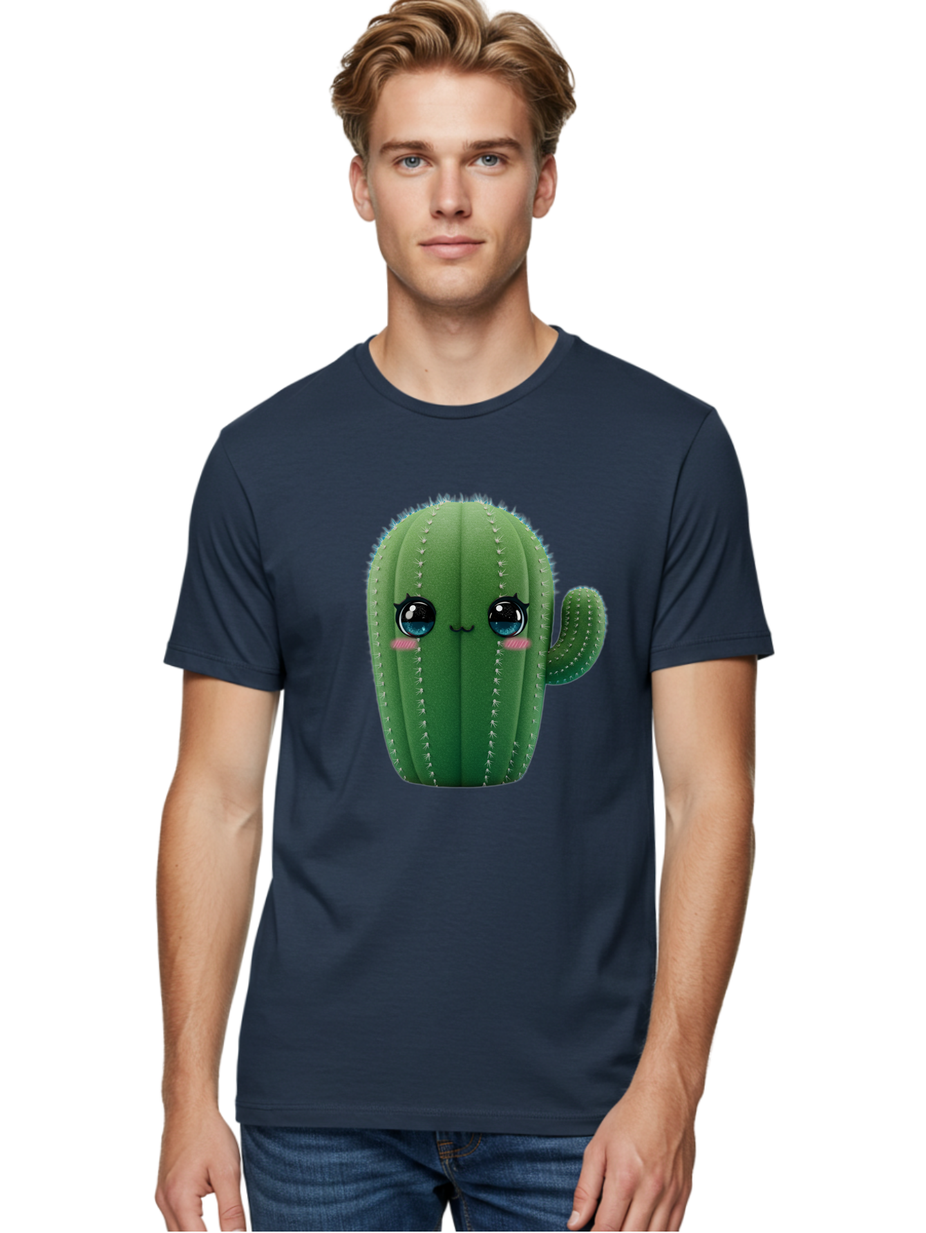 Cute-Cactus Men'S Graphic Tee, 100% Cotton, Comfortable Casual Summer Wear, Machine Washable, Cartoon Cactus, Cute Plush Toy, Adorable Desert Plant, Kawaii Character, Soft Toy, Blue Eyes, Smiling Face, Pink Cheeks Bac962