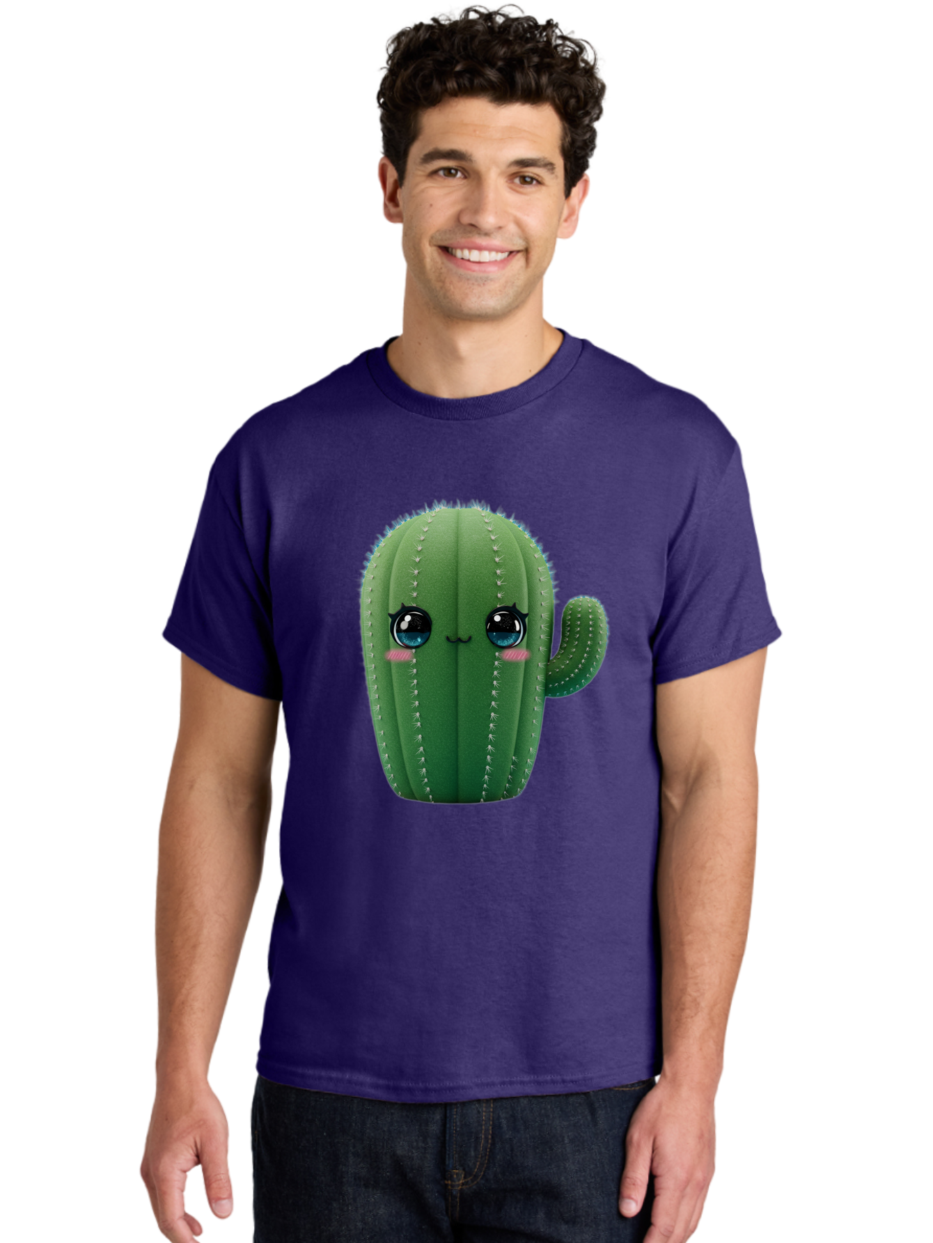 Cute-Cactus Men'S Graphic Tee, 100% Cotton, Comfortable Casual Summer Wear, Machine Washable, Cartoon Cactus, Cute Plush Toy, Adorable Desert Plant, Kawaii Character, Soft Toy, Blue Eyes, Smiling Face, Pink Cheeks Bac962