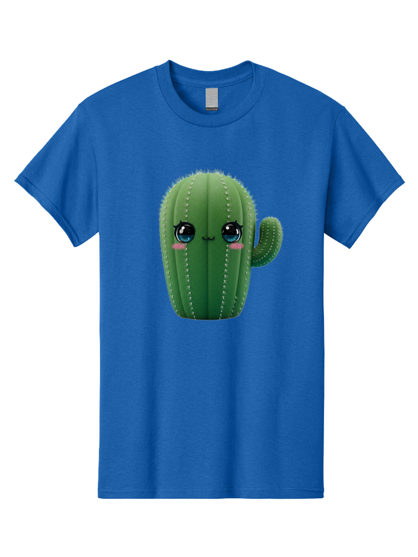 Cute-Cactus Men'S Graphic Tee, 100% Cotton, Comfortable Casual Summer Wear, Machine Washable, Cartoon Cactus, Cute Plush Toy, Adorable Desert Plant, Kawaii Character, Soft Toy, Blue Eyes, Smiling Face, Pink Cheeks Bac962