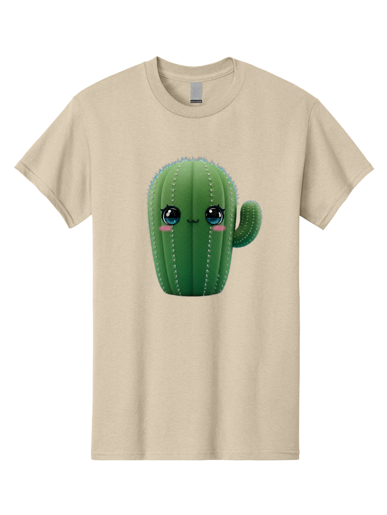 Cute-Cactus Men'S Graphic Tee, 100% Cotton, Comfortable Casual Summer Wear, Machine Washable, Cartoon Cactus, Cute Plush Toy, Adorable Desert Plant, Kawaii Character, Soft Toy, Blue Eyes, Smiling Face, Pink Cheeks Bac962