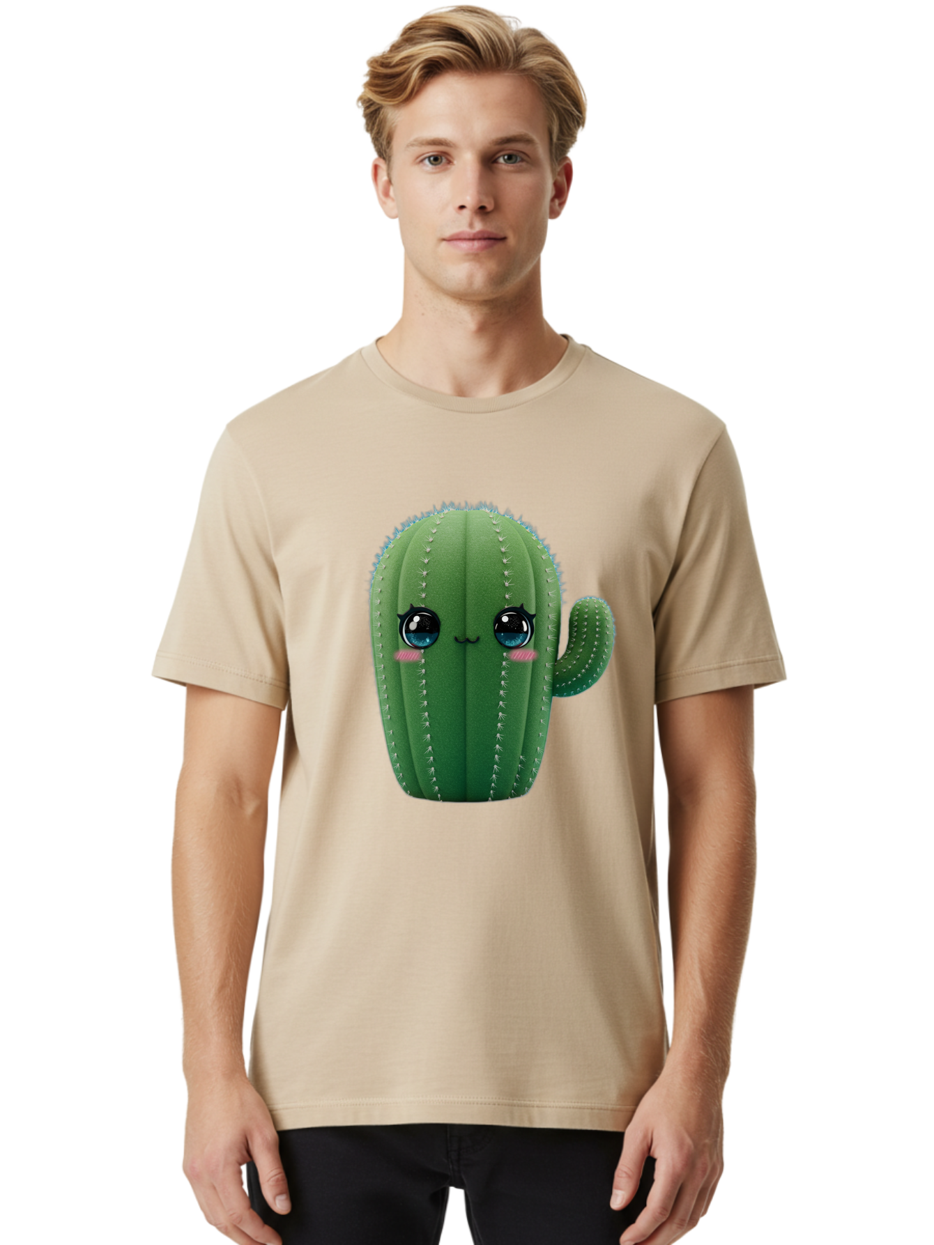 Cute-Cactus Men'S Graphic Tee, 100% Cotton, Comfortable Casual Summer Wear, Machine Washable, Cartoon Cactus, Cute Plush Toy, Adorable Desert Plant, Kawaii Character, Soft Toy, Blue Eyes, Smiling Face, Pink Cheeks Bac962