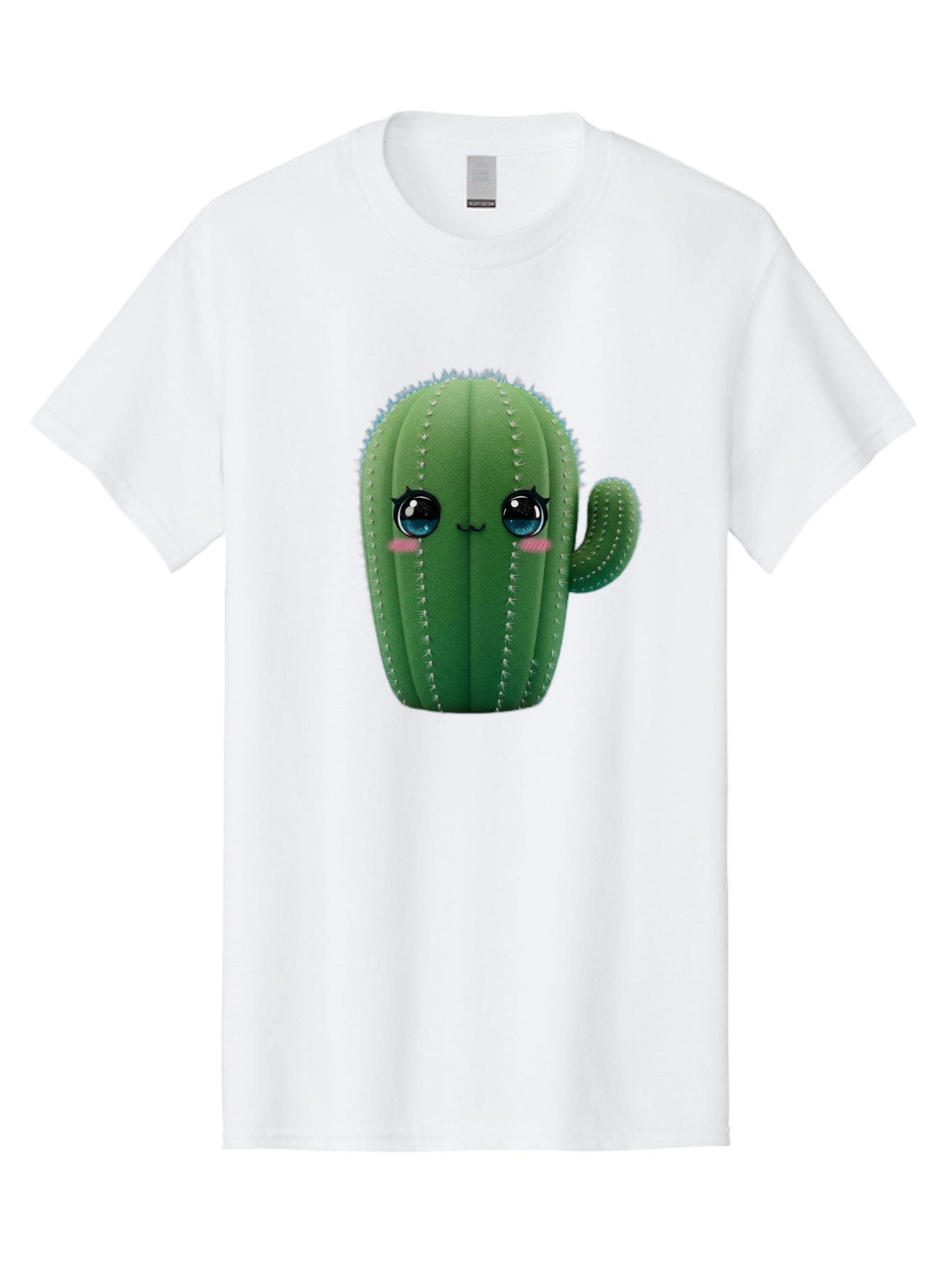 Cute-Cactus Men'S Graphic Tee, 100% Cotton, Comfortable Casual Summer Wear, Machine Washable, Cartoon Cactus, Cute Plush Toy, Adorable Desert Plant, Kawaii Character, Soft Toy, Blue Eyes, Smiling Face, Pink Cheeks Bac962