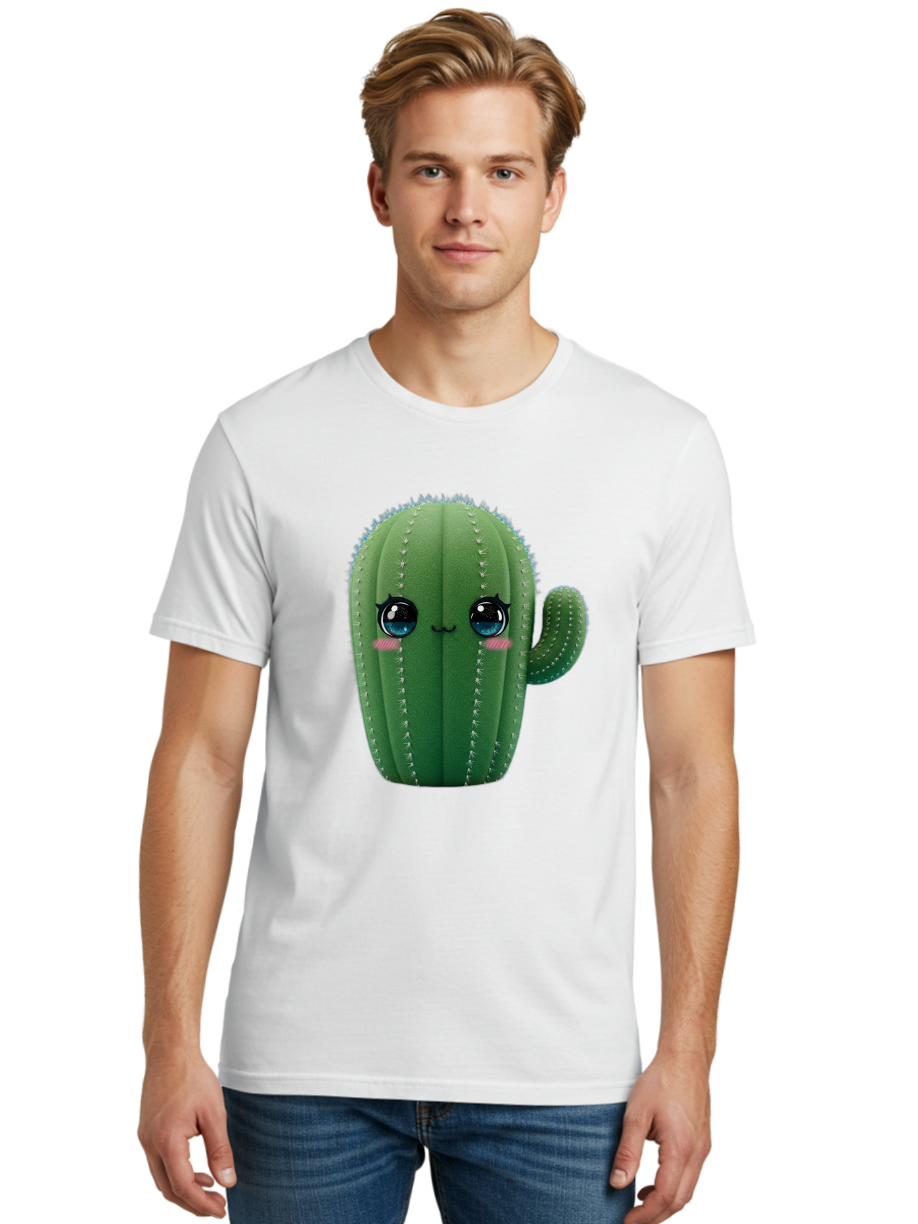 Cute-Cactus Men'S Graphic Tee, 100% Cotton, Comfortable Casual Summer Wear, Machine Washable, Cartoon Cactus, Cute Plush Toy, Adorable Desert Plant, Kawaii Character, Soft Toy, Blue Eyes, Smiling Face, Pink Cheeks Bac962