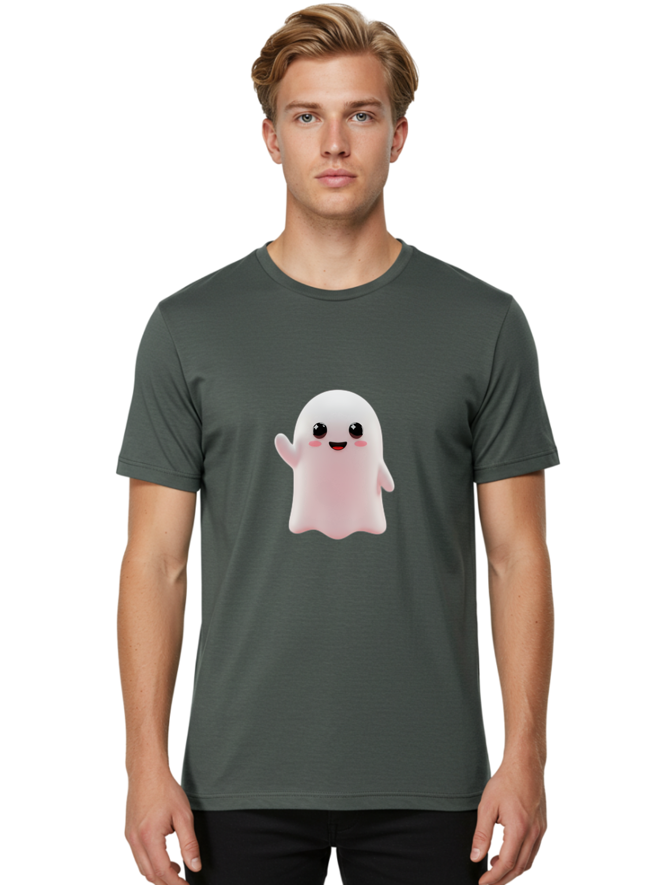 Cute-Ghost Men'S Graphic Tee, 100% Cotton, Comfortable Casual Summer Wear, Machine Washable, Happy Ghost, Cartoon Character, Friendly Spirit, Kawaii Design, Smiling Face, Waving Hand, Adorable Illustration, Cute Eyes, Playful Gesture, Bac963