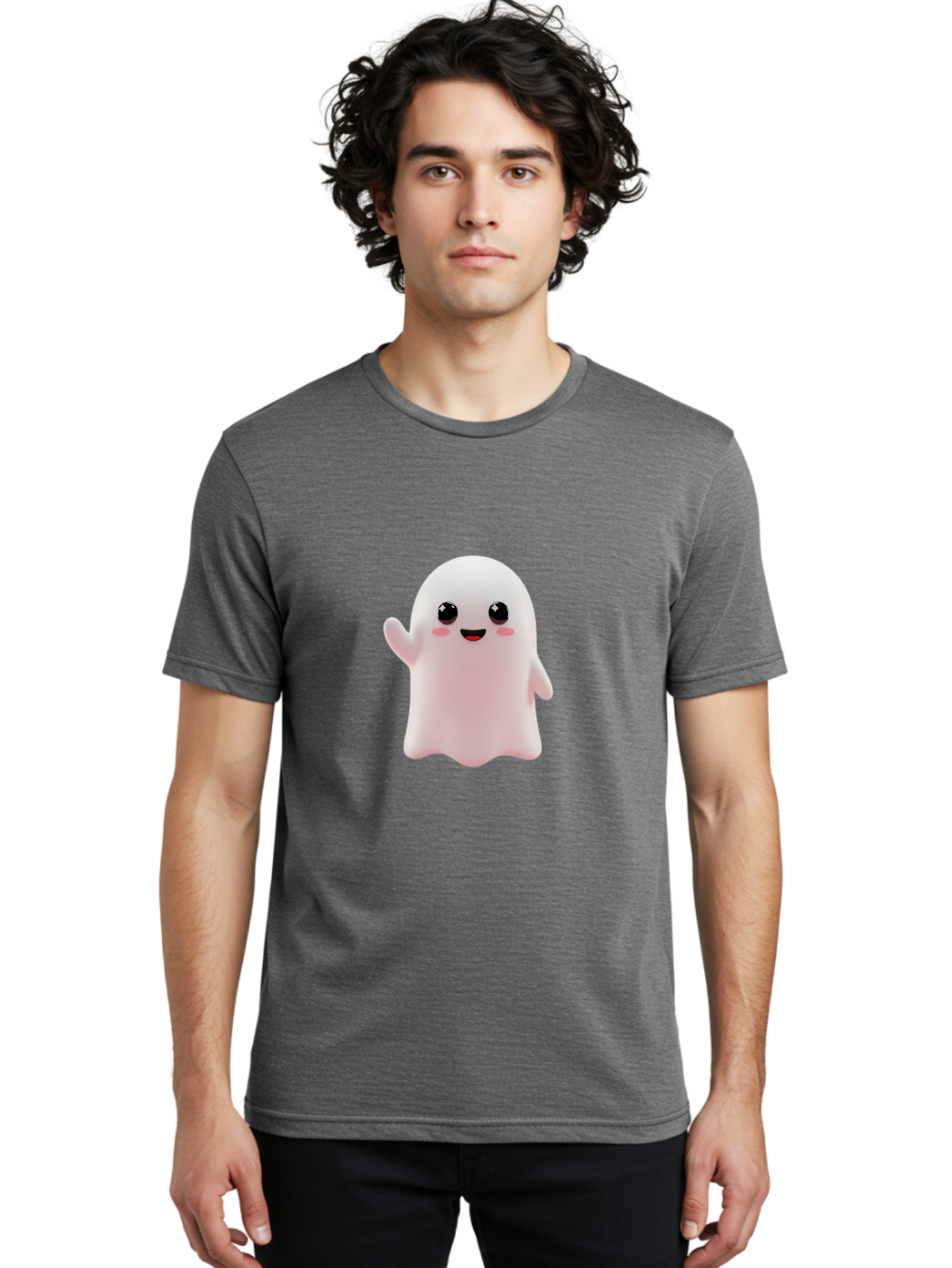 Cute-Ghost Men'S Graphic Tee, 100% Cotton, Comfortable Casual Summer Wear, Machine Washable, Happy Ghost, Cartoon Character, Friendly Spirit, Kawaii Design, Smiling Face, Waving Hand, Adorable Illustration, Cute Eyes, Playful Gesture, Bac963
