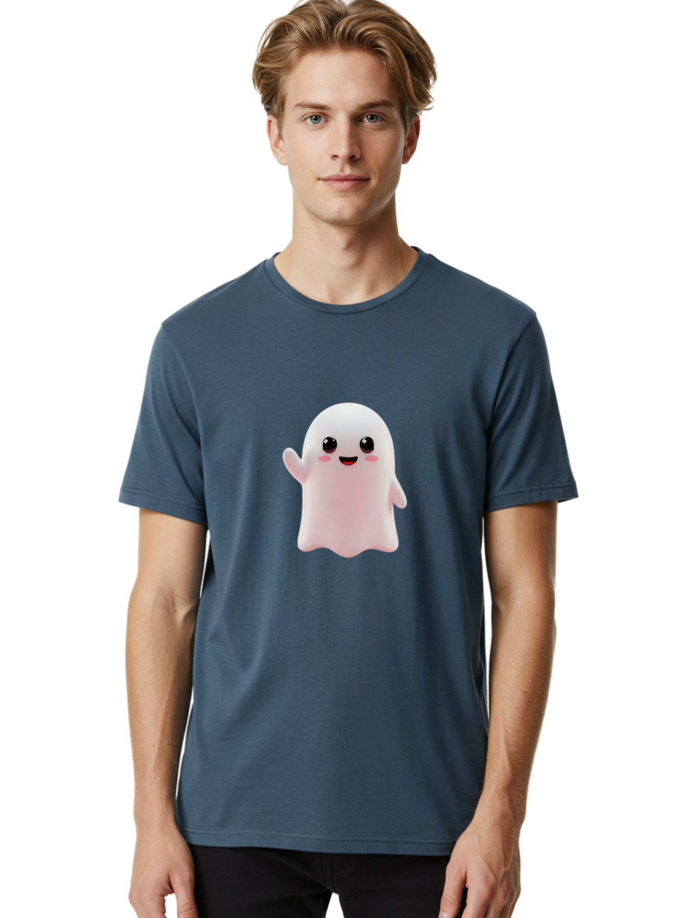Cute-Ghost Men'S Graphic Tee, 100% Cotton, Comfortable Casual Summer Wear, Machine Washable, Happy Ghost, Cartoon Character, Friendly Spirit, Kawaii Design, Smiling Face, Waving Hand, Adorable Illustration, Cute Eyes, Playful Gesture, Bac963