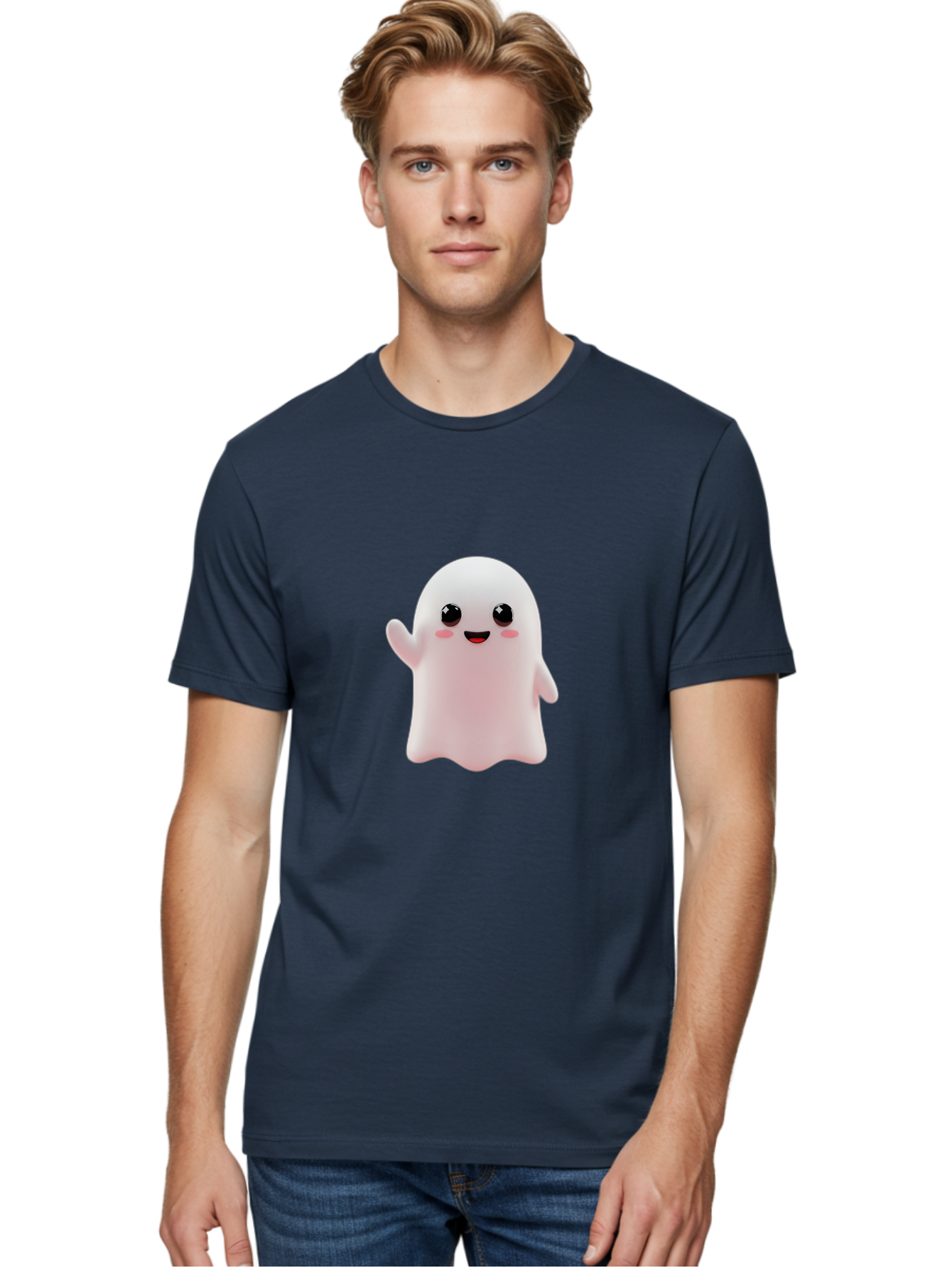 Cute-Ghost Men'S Graphic Tee, 100% Cotton, Comfortable Casual Summer Wear, Machine Washable, Happy Ghost, Cartoon Character, Friendly Spirit, Kawaii Design, Smiling Face, Waving Hand, Adorable Illustration, Cute Eyes, Playful Gesture, Bac963
