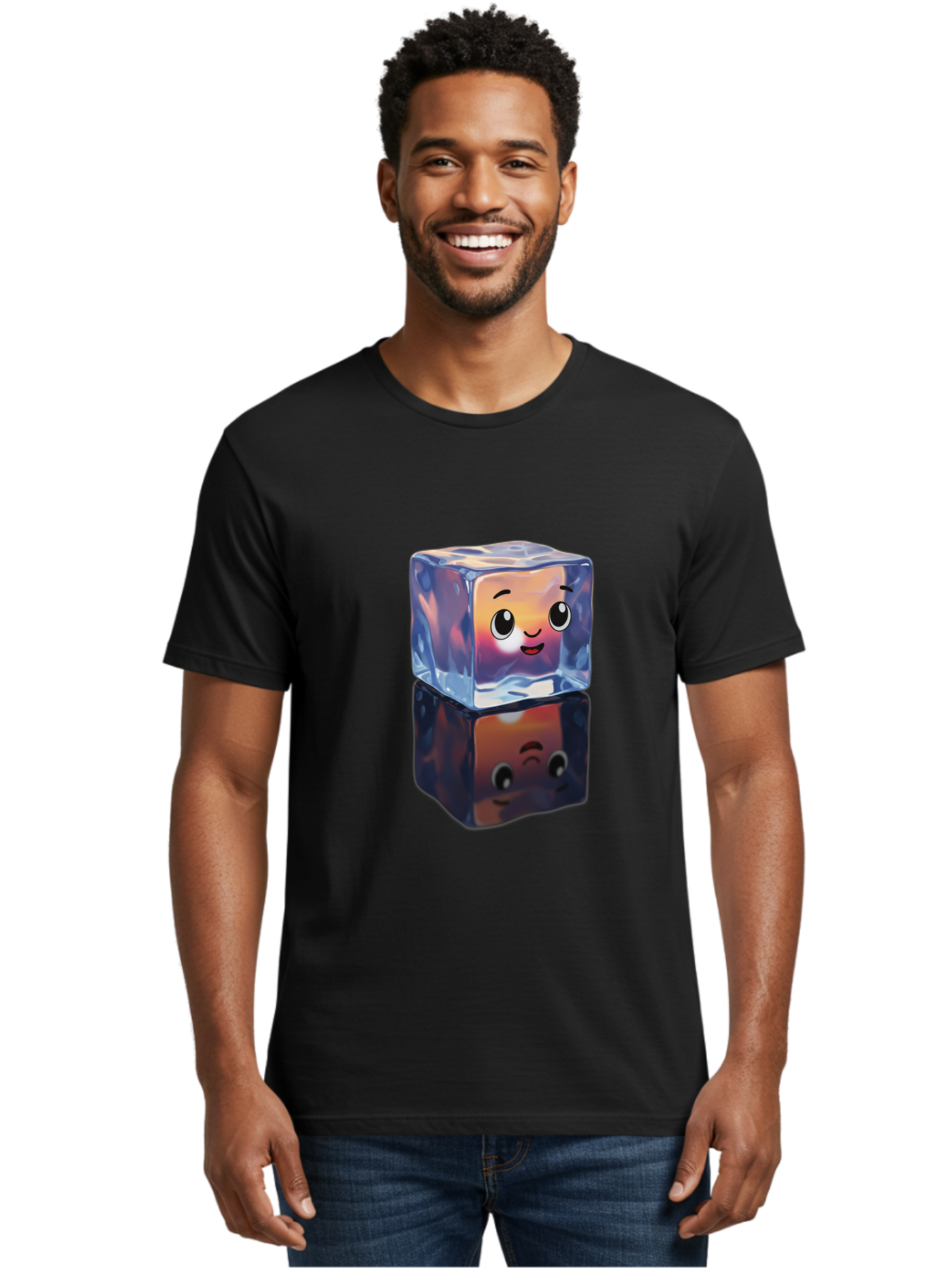 Cute-Ice-Cube Men'S Graphic Tee, 100% Cotton, Comfortable Casual Summer Wear, Machine Washable, Ice Cube, Cute Expression, Smiley Face, Cartoon Character, Digital Illustration, Emoji, Reflection, Transparent, Frosty, Fun, Kawaii, Emoticon, Bac964