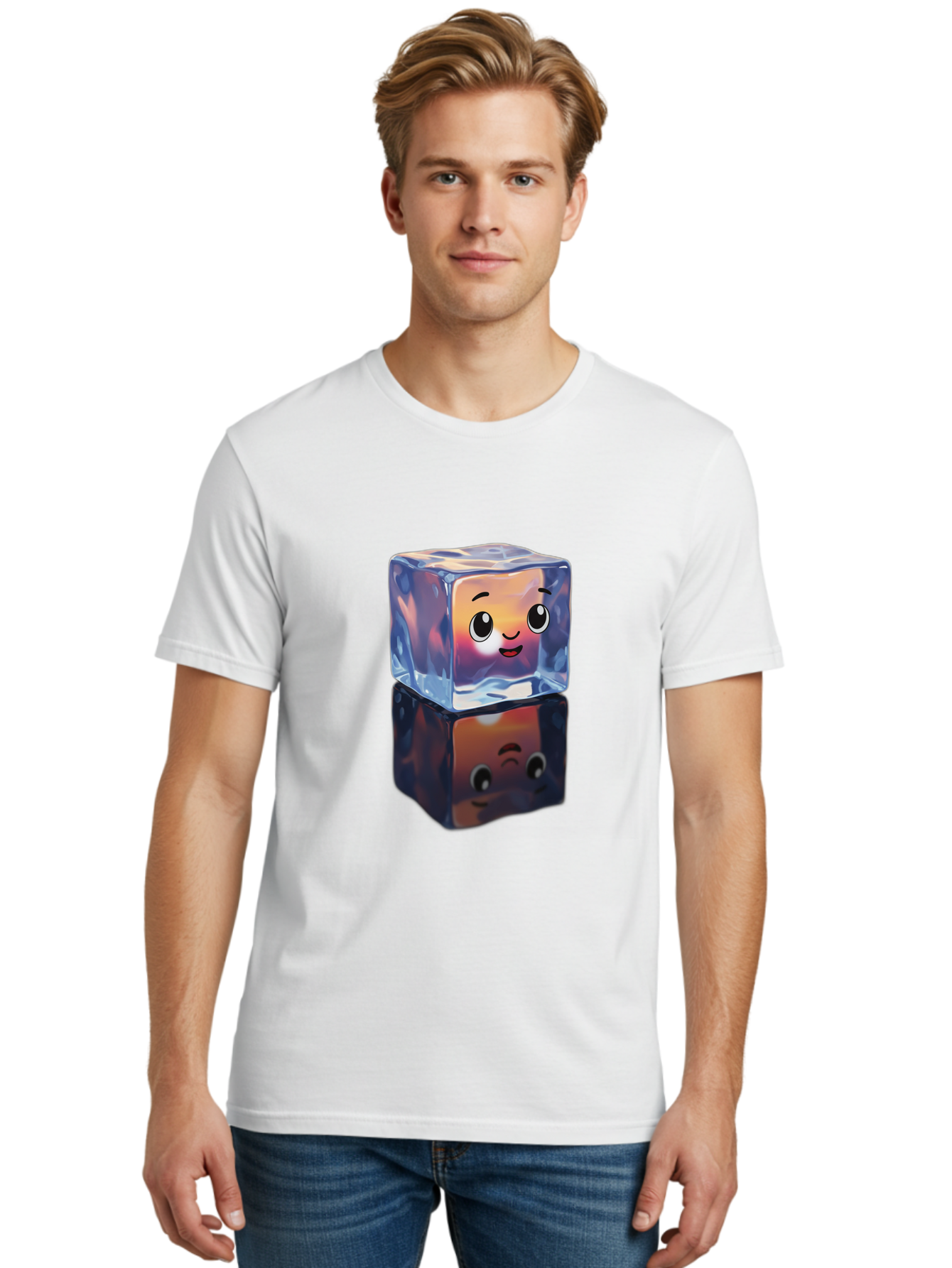 Cute-Ice-Cube Men'S Graphic Tee, 100% Cotton, Comfortable Casual Summer Wear, Machine Washable, Ice Cube, Cute Expression, Smiley Face, Cartoon Character, Digital Illustration, Emoji, Reflection, Transparent, Frosty, Fun, Kawaii, Emoticon, Bac964