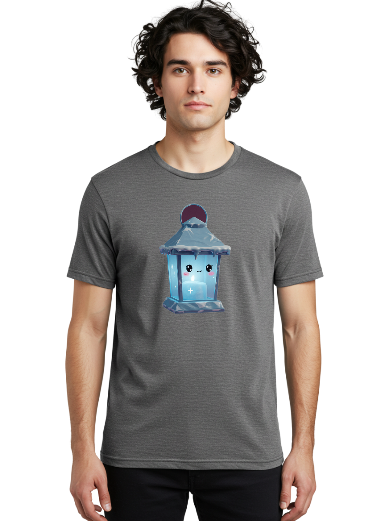 Cute-Lantern-2 Men'S Graphic Tee, 100% Cotton, Comfortable Casual Summer Wear, Machine Washable, Cute Lantern, Cartoon-Style Lantern, Smiling Face, Glowing Candle, Festive Atmosphere, Icy Blue, Sparkly, Adorable Character, Bac967