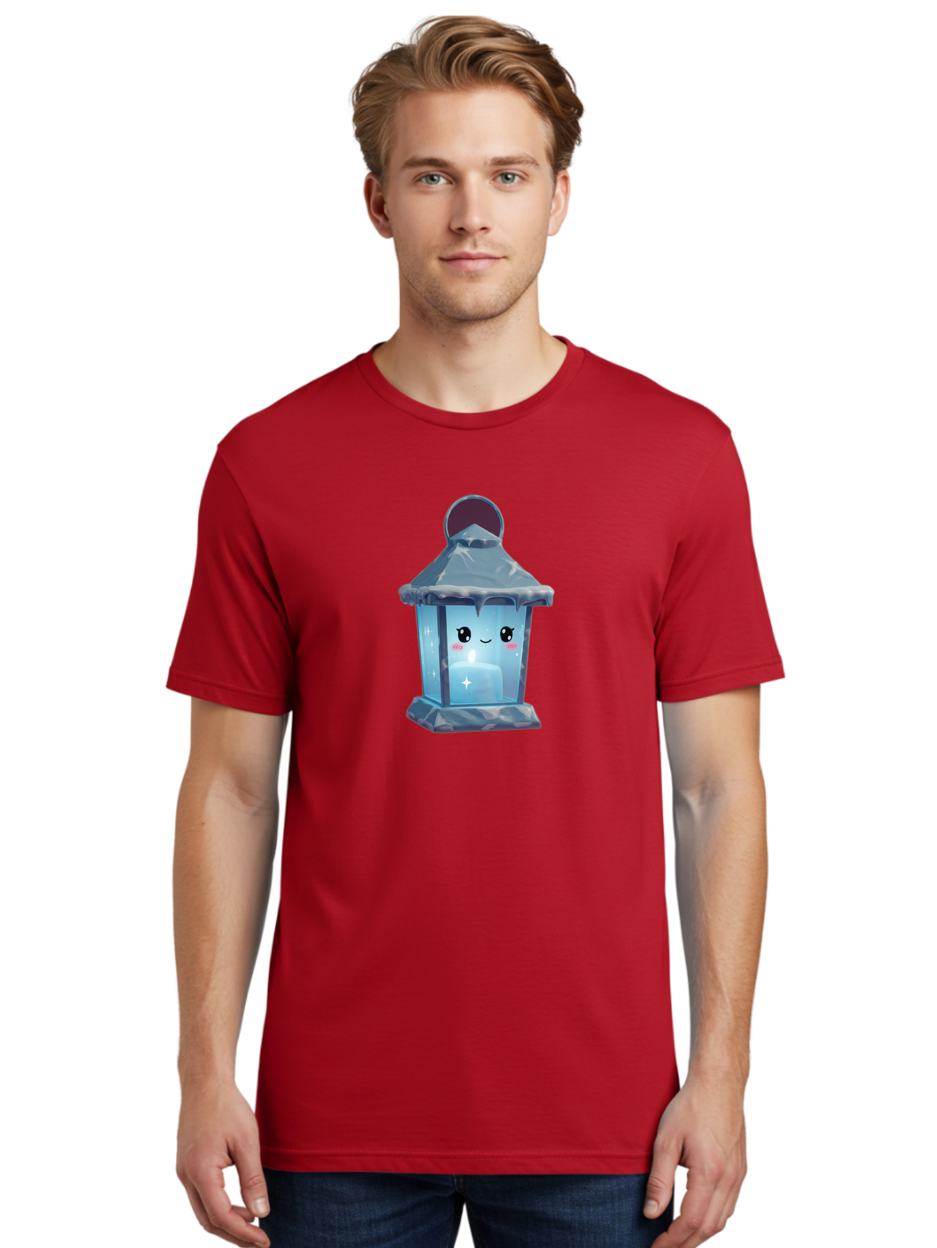 Cute-Lantern-2 Men'S Graphic Tee, 100% Cotton, Comfortable Casual Summer Wear, Machine Washable, Cute Lantern, Cartoon-Style Lantern, Smiling Face, Glowing Candle, Festive Atmosphere, Icy Blue, Sparkly, Adorable Character, Bac967