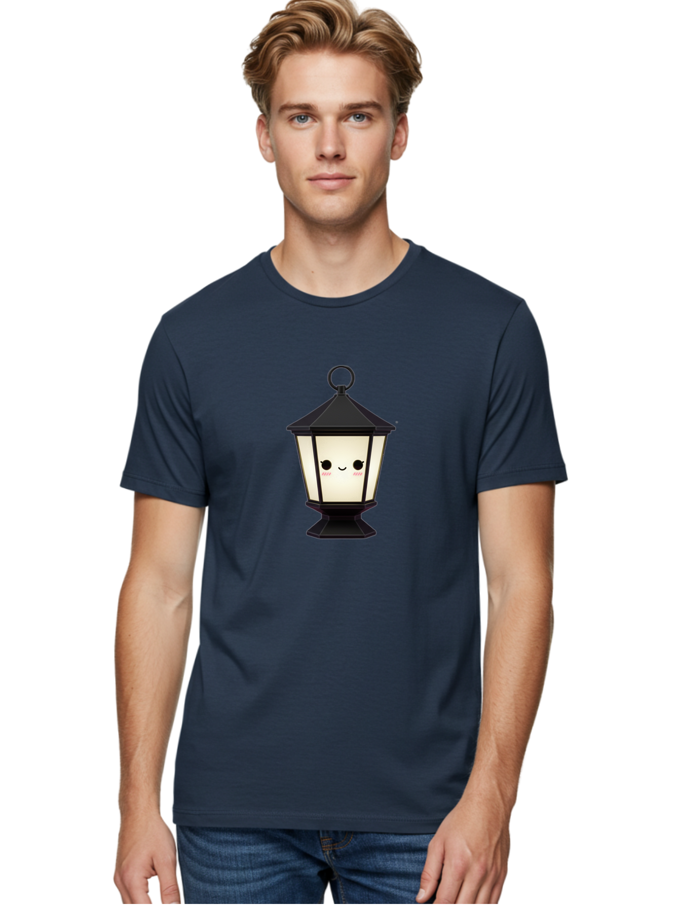Cute-Lantern Men'S Graphic Tee, 100% Cotton, Comfortable Casual Summer Wear, Machine Washable, Cartoon Lantern, Kawaii Design, Smiling Face, Rosy Cheeks, Soft Lighting, Charming Illustration, Cute Character, Emotive Expression Bac969