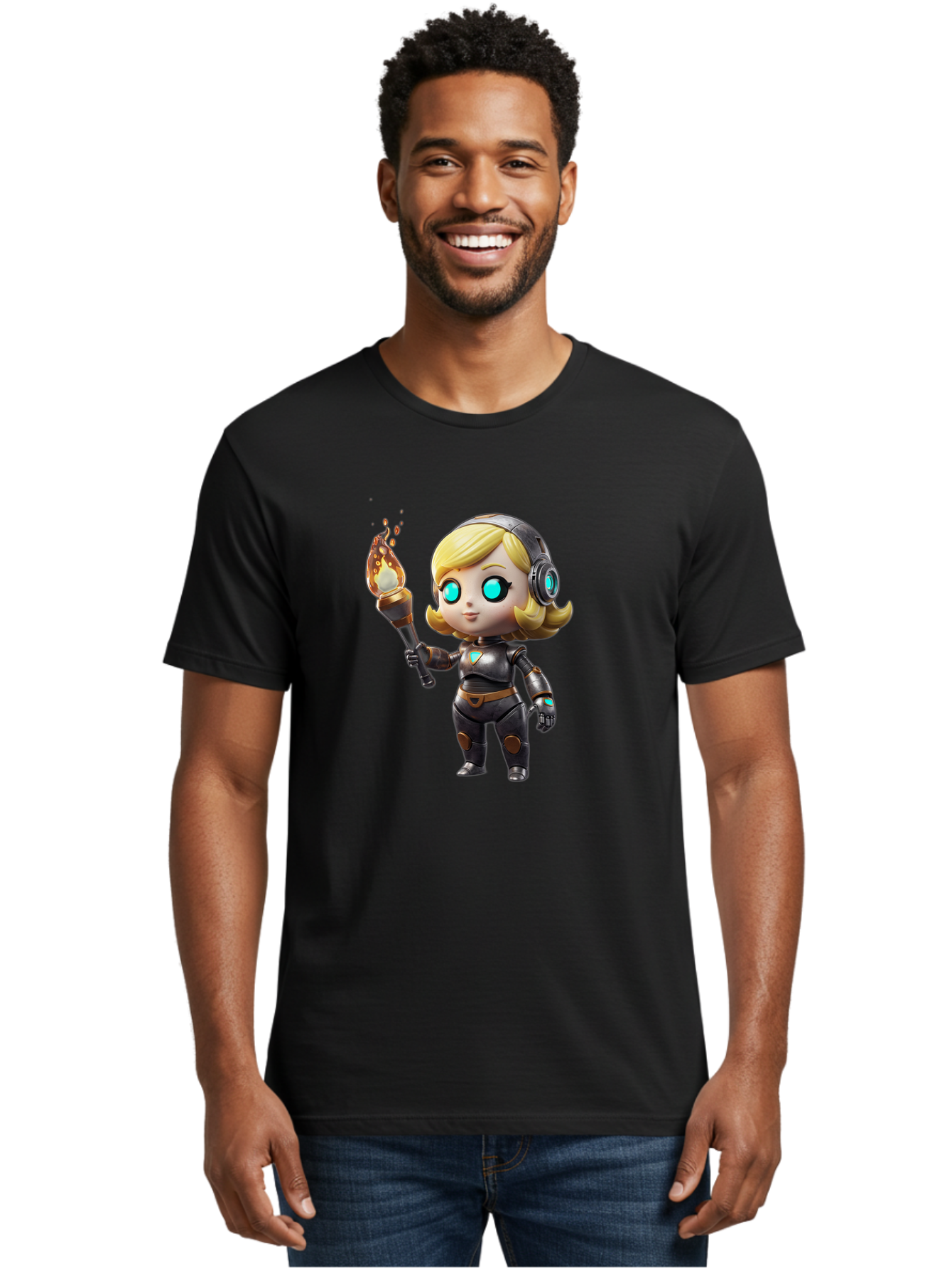 Cyberpunk-Girl Men'S Graphic Tee, 100% Cotton, Comfortable Casual Summer Wear, Machine Washable, Cartoon Girl, Robotic Armor, Futuristic Look, Blonde Hair, Blue Eyes, Torch In Hand, Flame Emitting Sparks, High-Tech Aesthetic, Cyberpunk Style, Bac970