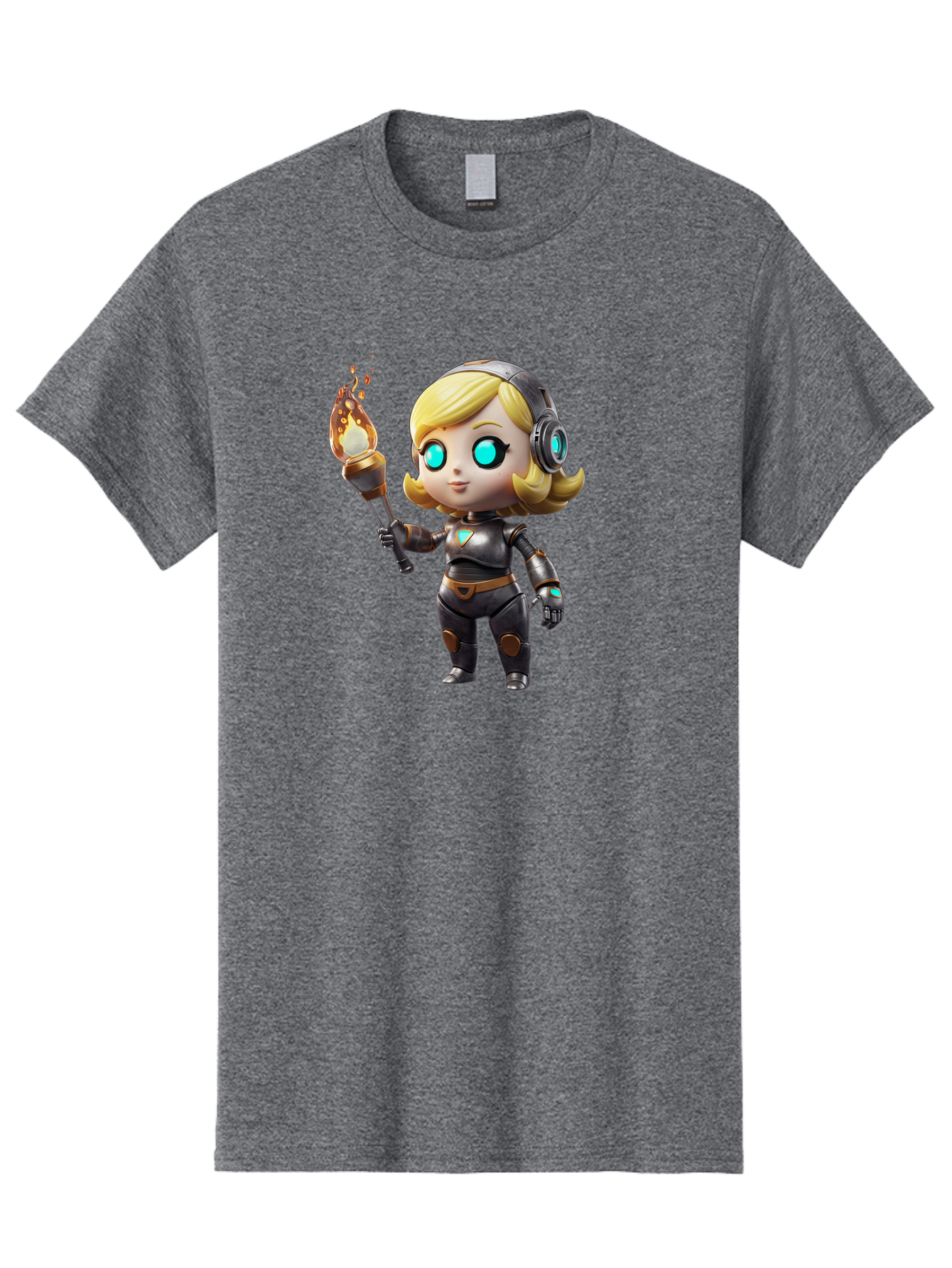 Cyberpunk-Girl Men'S Graphic Tee, 100% Cotton, Comfortable Casual Summer Wear, Machine Washable, Cartoon Girl, Robotic Armor, Futuristic Look, Blonde Hair, Blue Eyes, Torch In Hand, Flame Emitting Sparks, High-Tech Aesthetic, Cyberpunk Style, Bac970