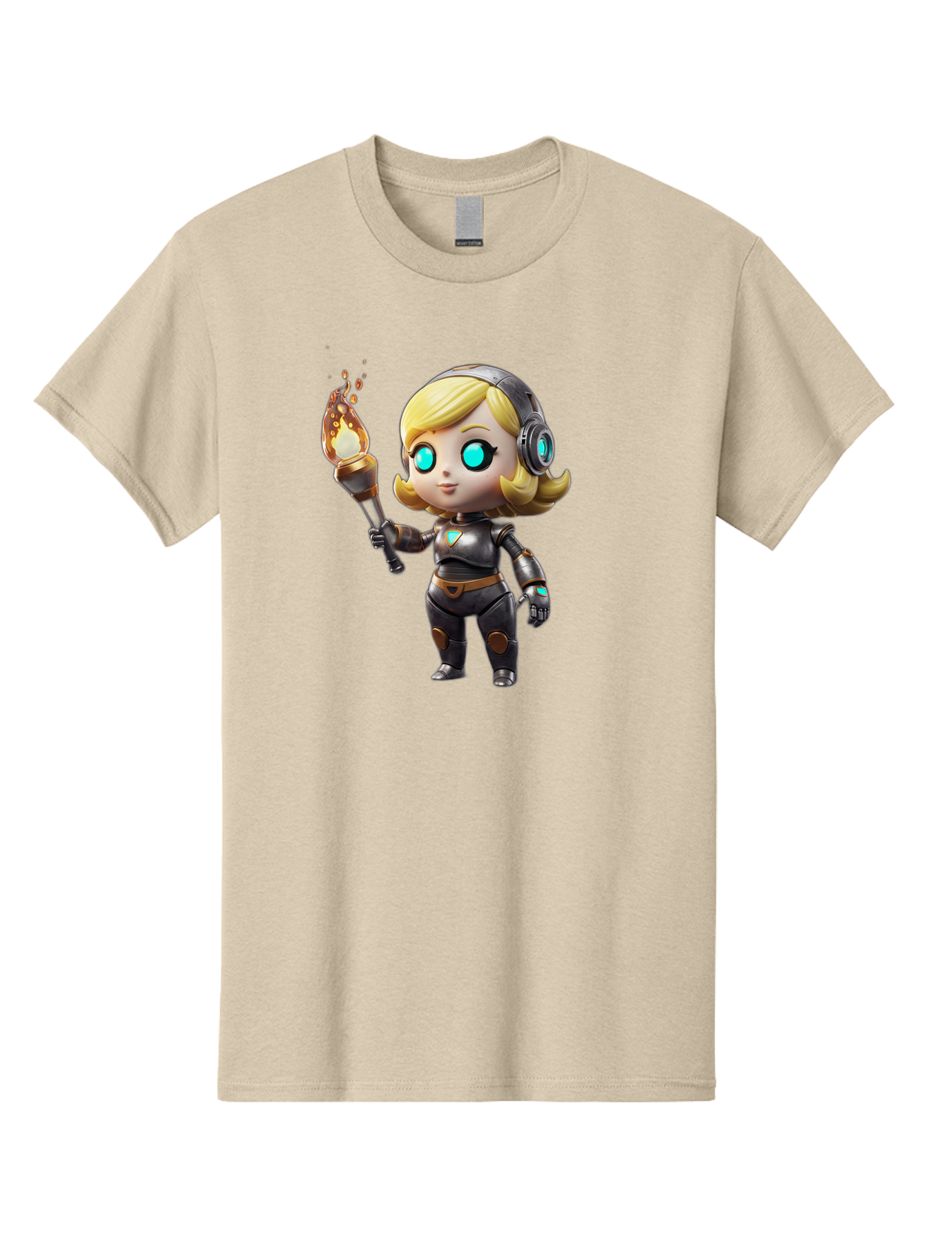Cyberpunk-Girl Men'S Graphic Tee, 100% Cotton, Comfortable Casual Summer Wear, Machine Washable, Cartoon Girl, Robotic Armor, Futuristic Look, Blonde Hair, Blue Eyes, Torch In Hand, Flame Emitting Sparks, High-Tech Aesthetic, Cyberpunk Style, Bac970