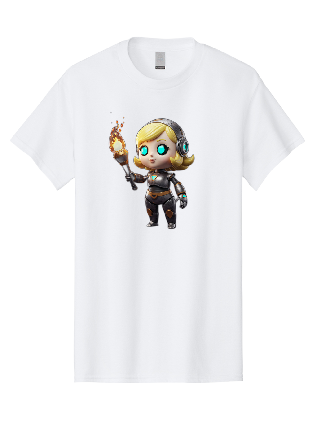 Cyberpunk-Girl Men'S Graphic Tee, 100% Cotton, Comfortable Casual Summer Wear, Machine Washable, Cartoon Girl, Robotic Armor, Futuristic Look, Blonde Hair, Blue Eyes, Torch In Hand, Flame Emitting Sparks, High-Tech Aesthetic, Cyberpunk Style, Bac970