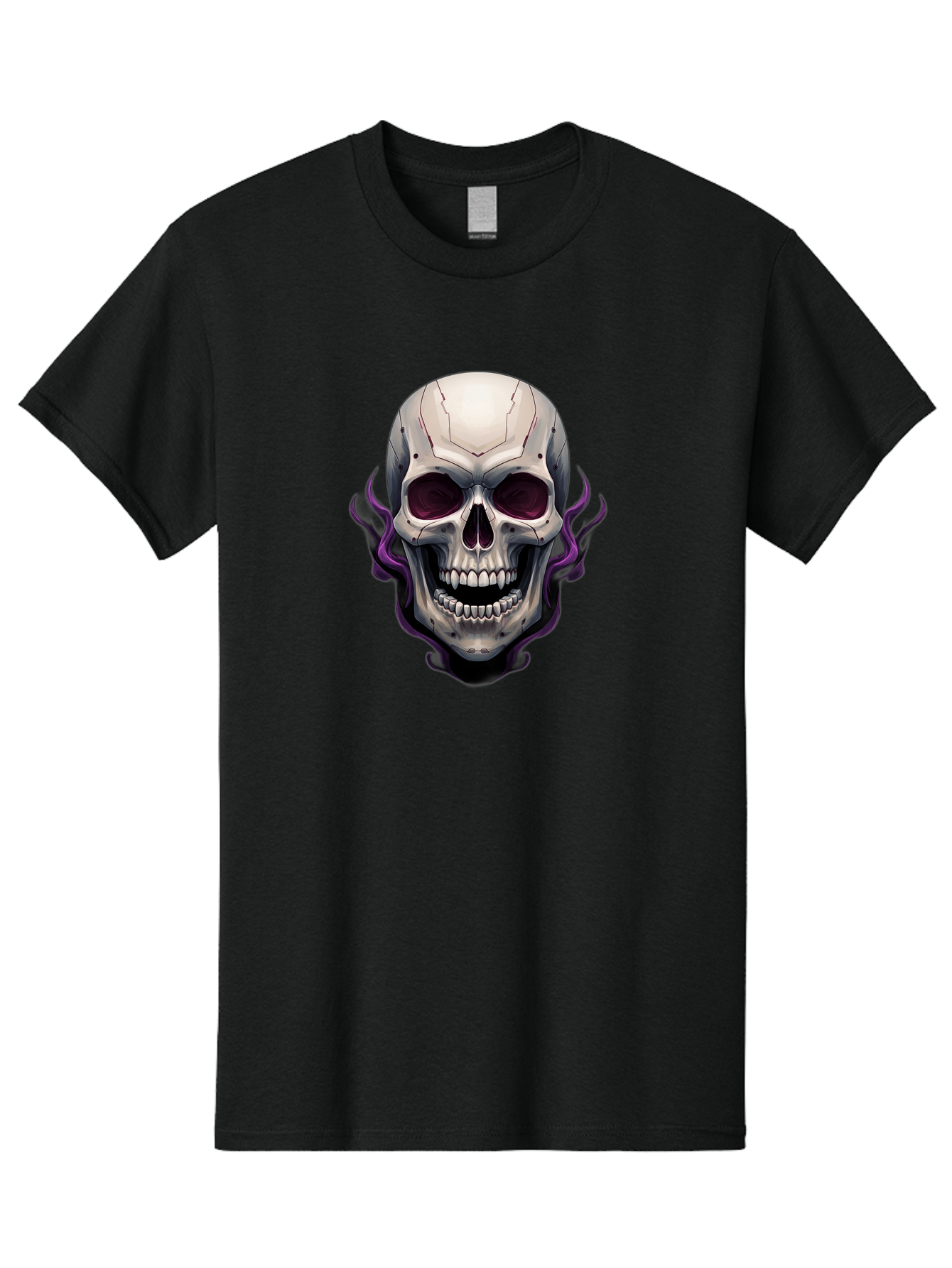 Cyborg-Skull Men'S Graphic Tee, 100% Cotton, Comfortable Casual Summer Wear, Machine Washable, Metallic Skull, Robotic Face, Purple Smoke, Futuristic Design, Cyberpunk Aesthetic, Dark Art, Halloween Theme, Gothic Style, Metal Texture, Bac971