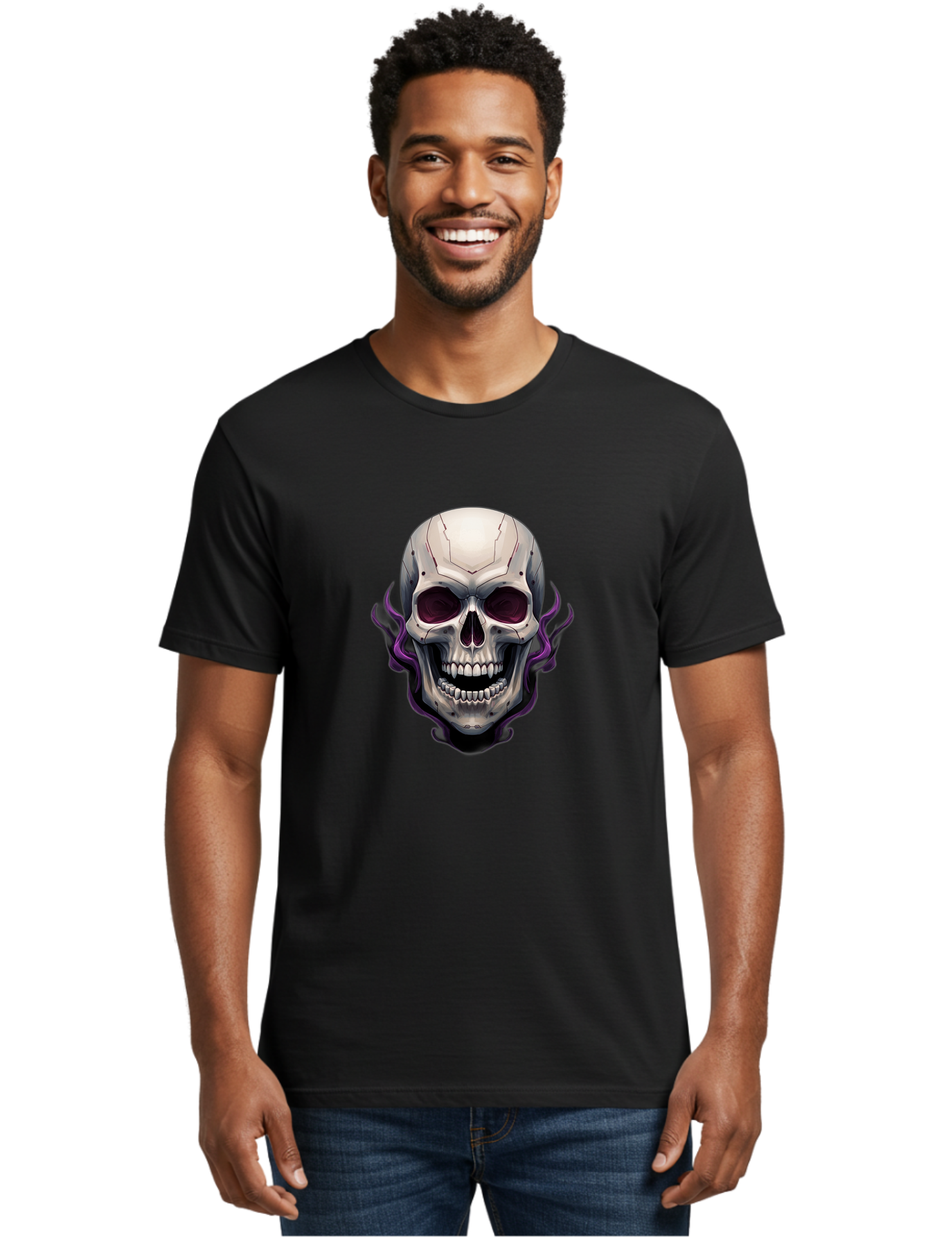 Cyborg-Skull Men'S Graphic Tee, 100% Cotton, Comfortable Casual Summer Wear, Machine Washable, Metallic Skull, Robotic Face, Purple Smoke, Futuristic Design, Cyberpunk Aesthetic, Dark Art, Halloween Theme, Gothic Style, Metal Texture, Bac971
