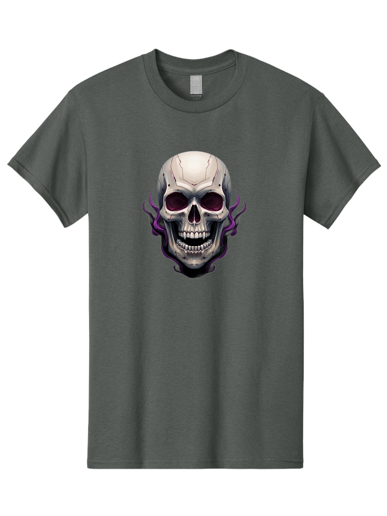 Cyborg-Skull Men'S Graphic Tee, 100% Cotton, Comfortable Casual Summer Wear, Machine Washable, Metallic Skull, Robotic Face, Purple Smoke, Futuristic Design, Cyberpunk Aesthetic, Dark Art, Halloween Theme, Gothic Style, Metal Texture, Bac971