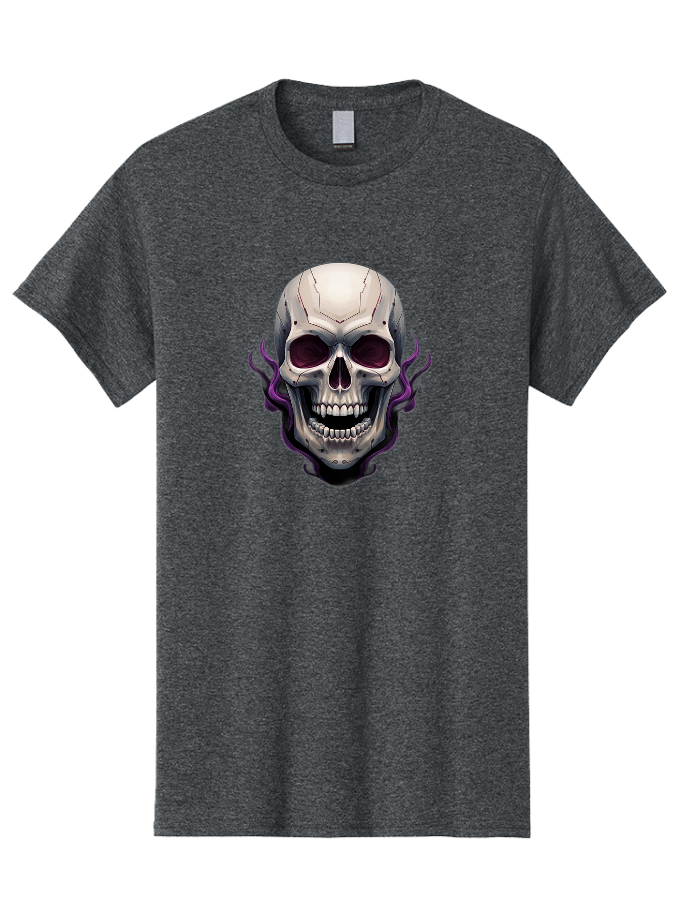 Cyborg-Skull Men'S Graphic Tee, 100% Cotton, Comfortable Casual Summer Wear, Machine Washable, Metallic Skull, Robotic Face, Purple Smoke, Futuristic Design, Cyberpunk Aesthetic, Dark Art, Halloween Theme, Gothic Style, Metal Texture, Bac971