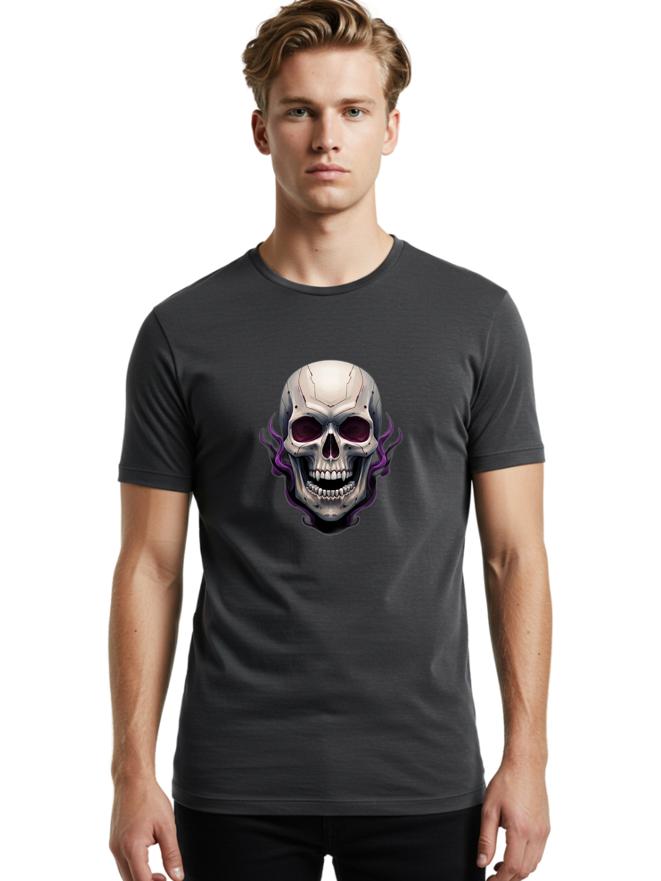 Cyborg-Skull Men'S Graphic Tee, 100% Cotton, Comfortable Casual Summer Wear, Machine Washable, Metallic Skull, Robotic Face, Purple Smoke, Futuristic Design, Cyberpunk Aesthetic, Dark Art, Halloween Theme, Gothic Style, Metal Texture, Bac971