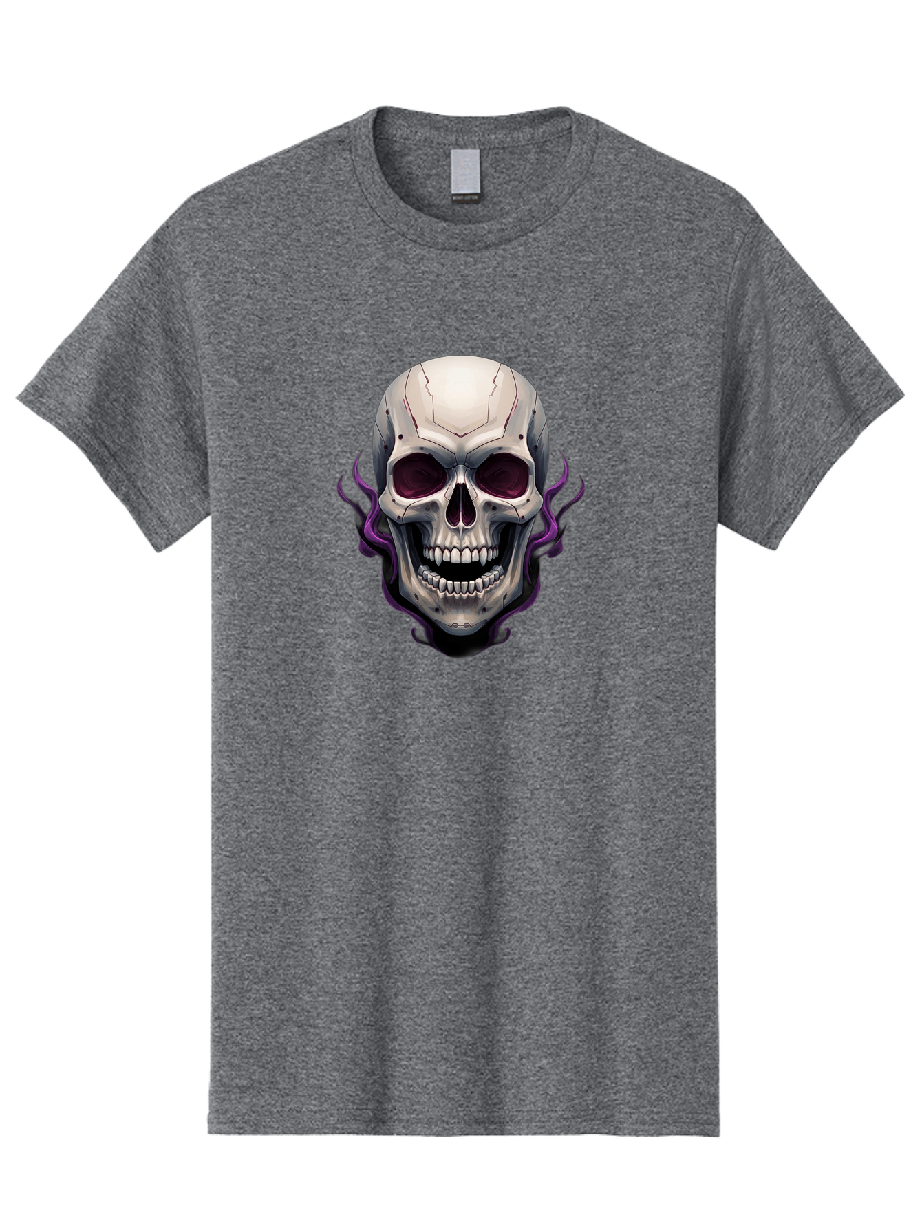 Cyborg-Skull Men'S Graphic Tee, 100% Cotton, Comfortable Casual Summer Wear, Machine Washable, Metallic Skull, Robotic Face, Purple Smoke, Futuristic Design, Cyberpunk Aesthetic, Dark Art, Halloween Theme, Gothic Style, Metal Texture, Bac971