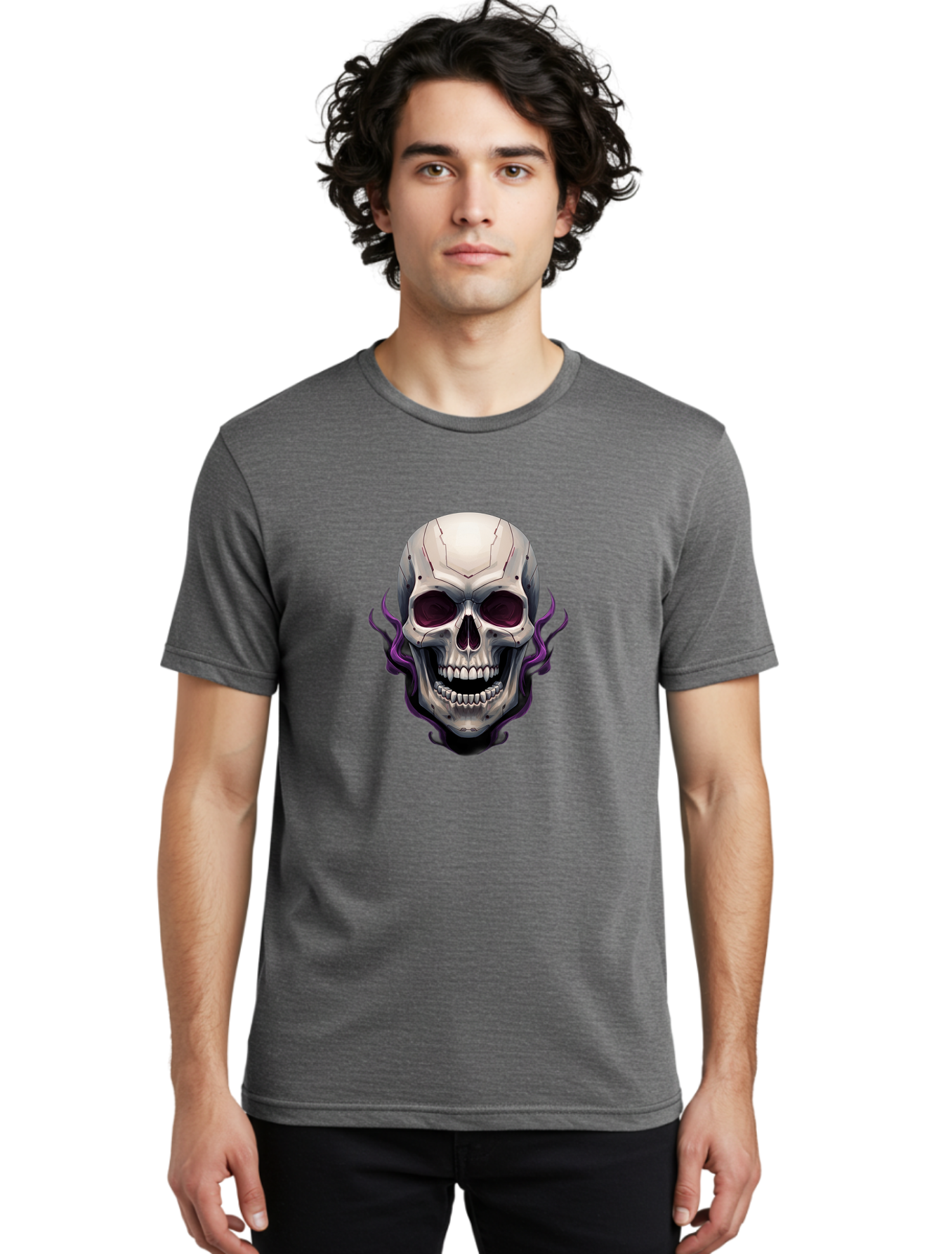 Cyborg-Skull Men'S Graphic Tee, 100% Cotton, Comfortable Casual Summer Wear, Machine Washable, Metallic Skull, Robotic Face, Purple Smoke, Futuristic Design, Cyberpunk Aesthetic, Dark Art, Halloween Theme, Gothic Style, Metal Texture, Bac971