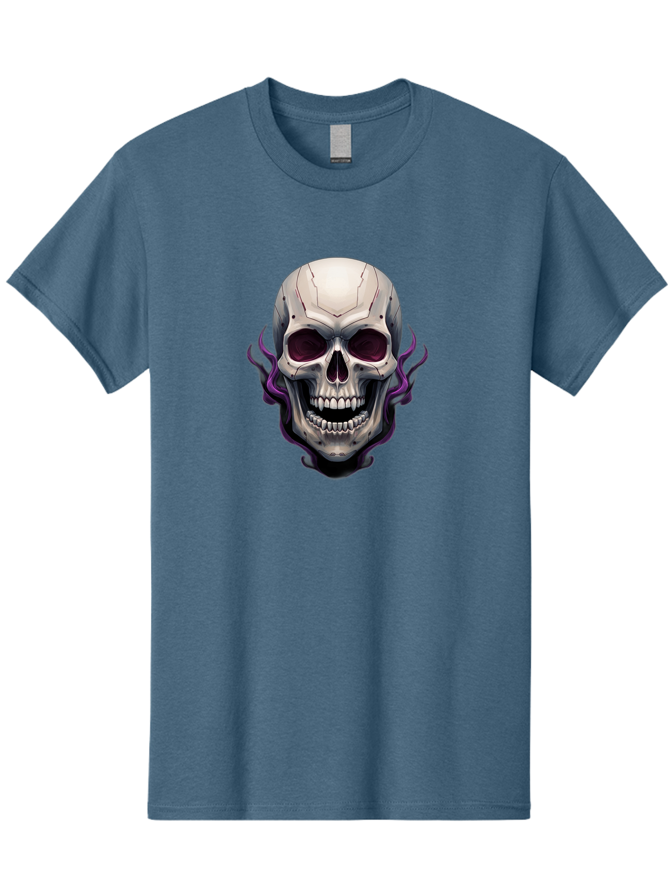 Cyborg-Skull Men'S Graphic Tee, 100% Cotton, Comfortable Casual Summer Wear, Machine Washable, Metallic Skull, Robotic Face, Purple Smoke, Futuristic Design, Cyberpunk Aesthetic, Dark Art, Halloween Theme, Gothic Style, Metal Texture, Bac971